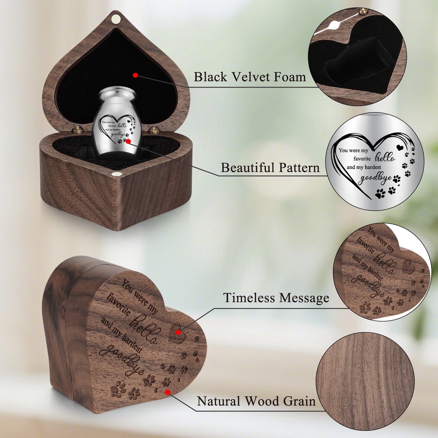 Small Pet for Dog Cats Urns for Ashes Wooden Heart Box, 1.18 Inches Stainless Steel Pet Urns for Cat Ash
