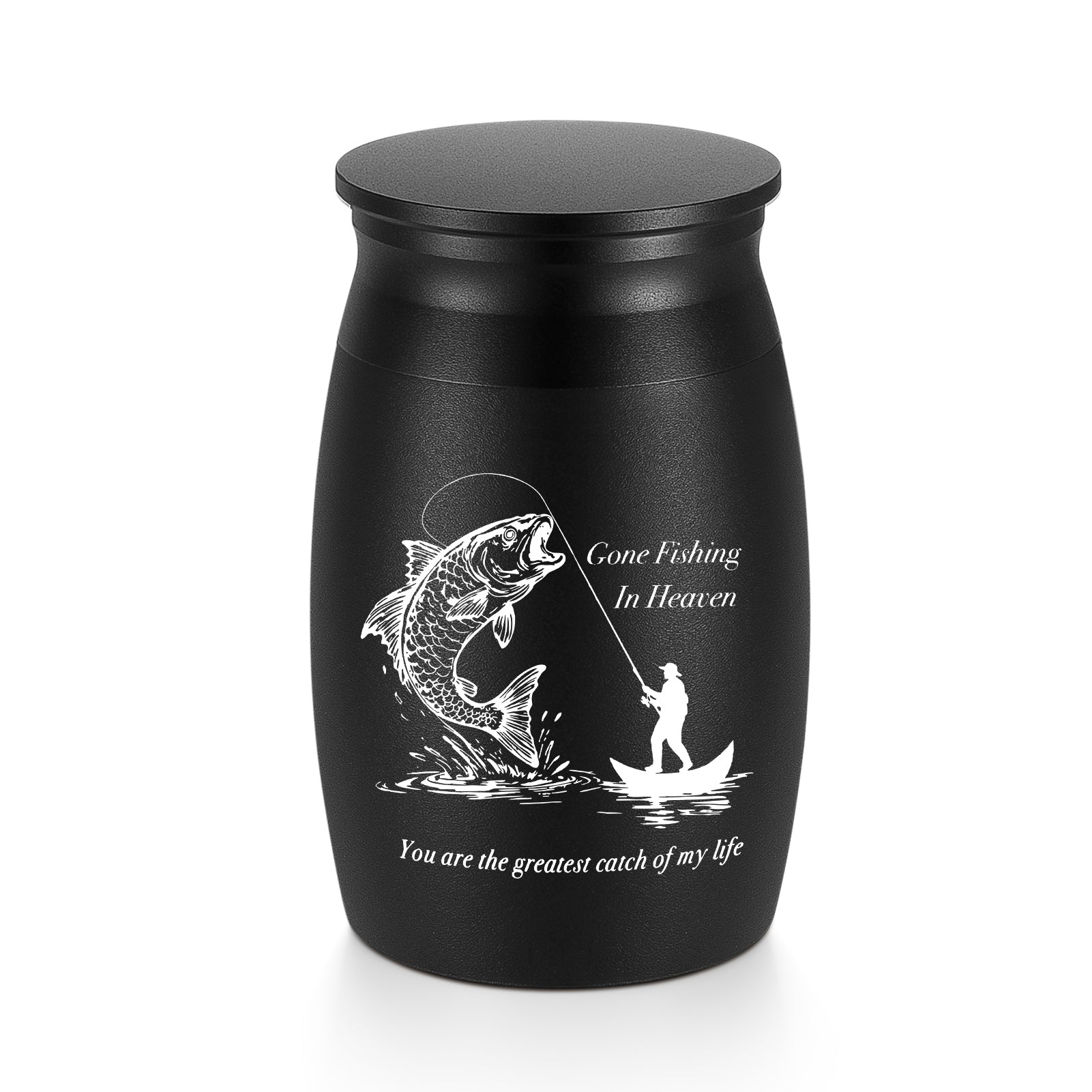Small Urns for Human Ashes - 2.76 Inches Black Aluminium Urn for Ashes Keepsake, Cremation Urns Memorial Holder, Funeral Decorative Urn for Women Men - Gone Fishing Mini Urn