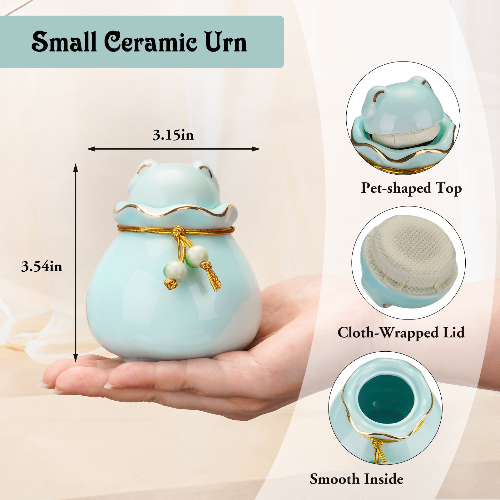 Pet Memorial Urn for Cat or Dog Ashes - 3.54"x3.15" Elegant Ceramic Keepsake Holder with Cat-Shaped Lid & Gold Trim, Small Urn for Pet Ashes