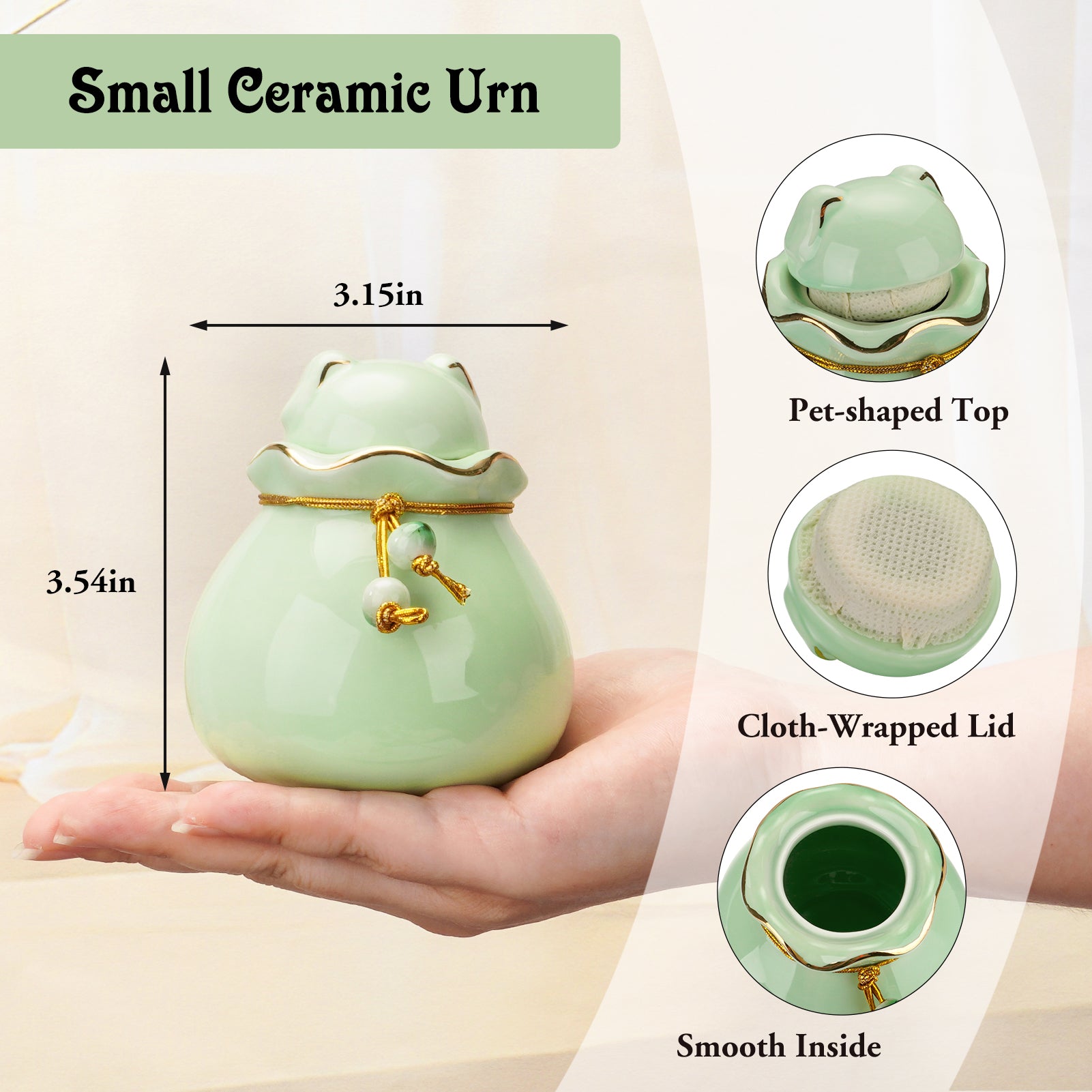 Pet Memorial Urn for Cat or Dog Ashes - 3.54"x3.15" Elegant Ceramic Keepsake Holder with Cat-Shaped Lid & Gold Trim, Small Urn for Pet Ashes