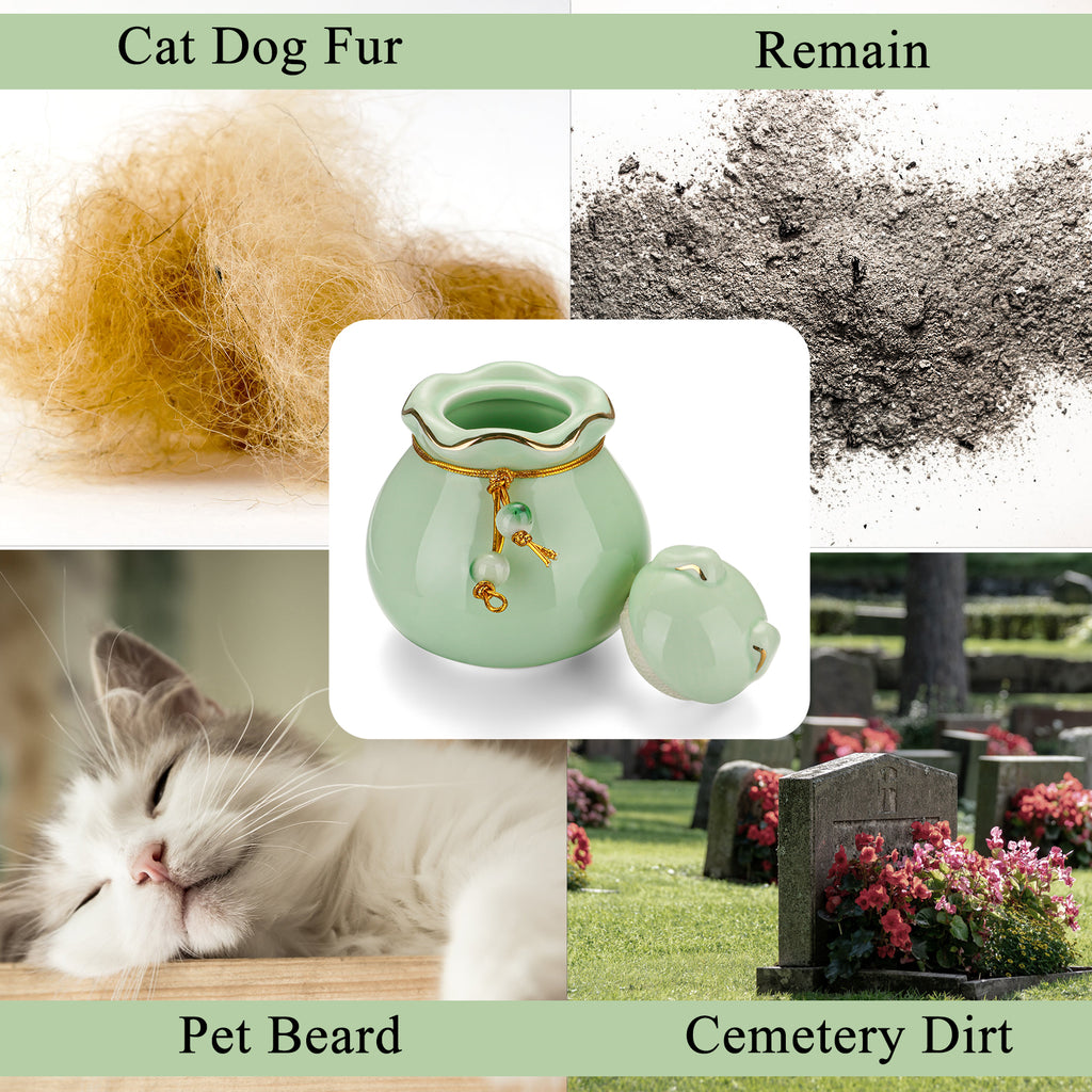 Pet Memorial Urn for Cat or Dog Ashes - 3.54"x3.15" Elegant Ceramic Keepsake Holder with Cat-Shaped Lid & Gold Trim, Small Urn for Pet Ashes