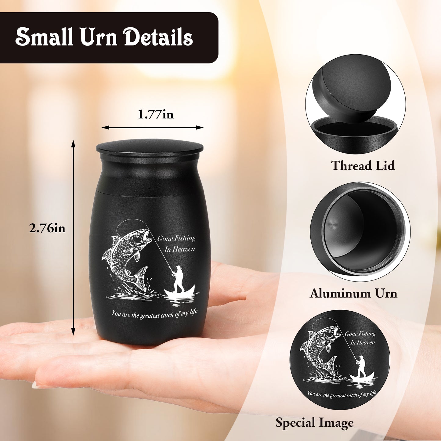 Small Urns for Human Ashes - 2.76 Inches Black Aluminium Urn for Ashes Keepsake, Cremation Urns Memorial Holder, Funeral Decorative Urn for Women Men