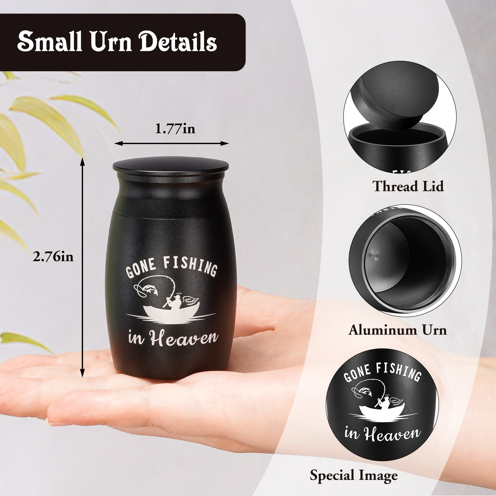 Small Urns for Human Ashes - 2.76 Inches Black Aluminium Urn for Ashes Keepsake, Cremation Urns Memorial Holder, Funeral Decorative Urn for Women Men - Gone Fishing Mini Urn