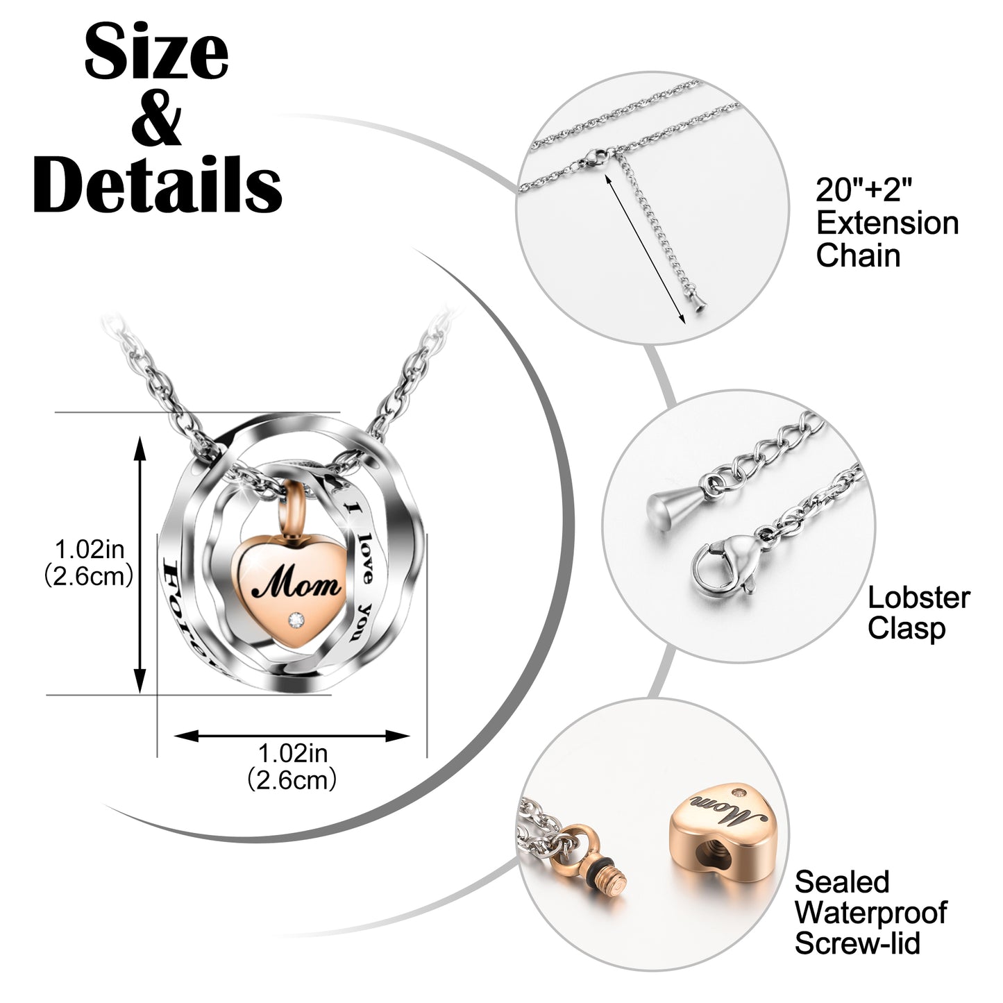 Urn Necklace for Ashes Stainless Steel Cremation Necklace Memorial Keepsake