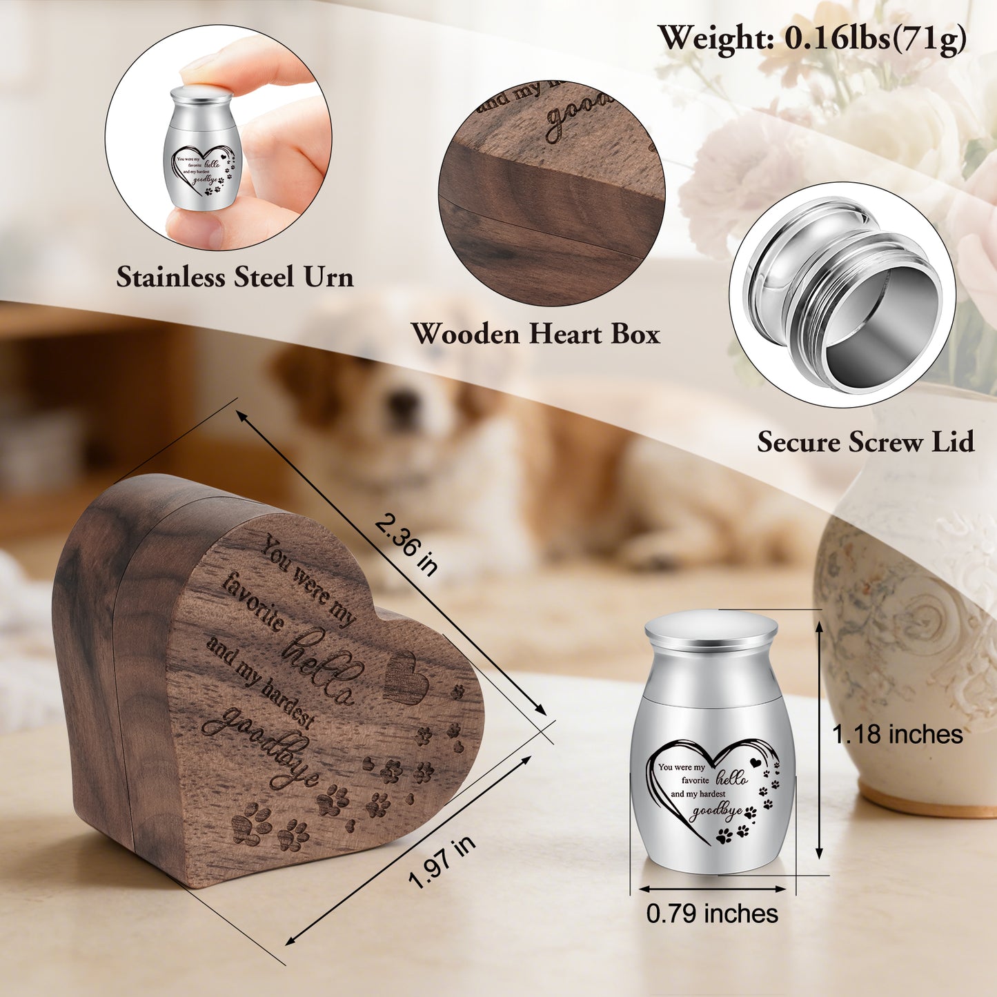 Small Pet for Dog Cats Urns for Ashes Wooden Heart Box, 1.18 Inches Stainless Steel Pet Urns for Cat Ash
