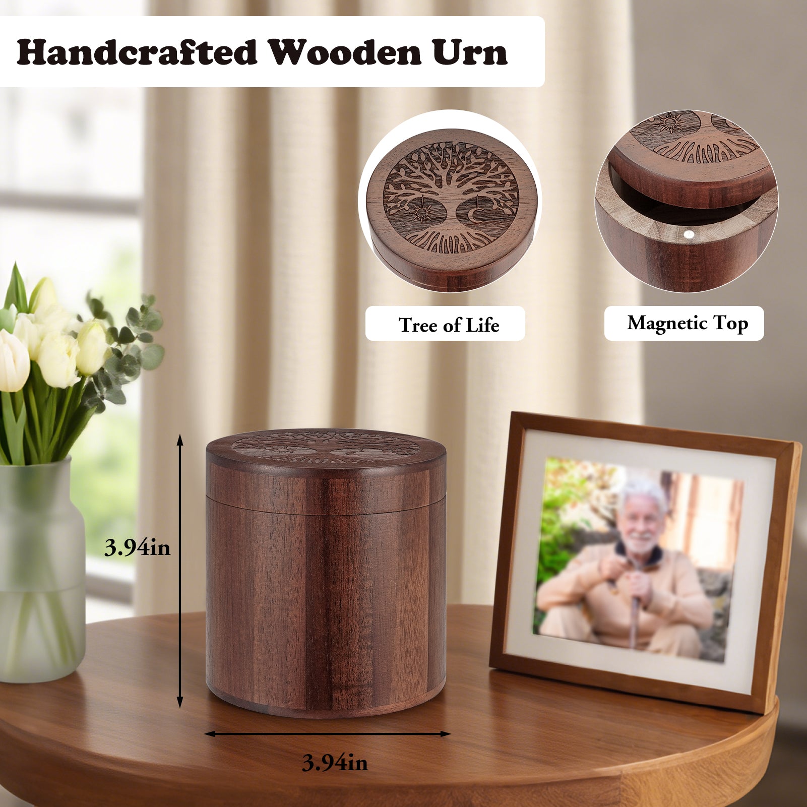 Small Urns for Human Ashes Keepsake, 3.94 Inches Acacia Wood Urn for Women, Brown Mini Urn for Human Ashes, Tree of Life Wooden Box Urns for Female Male