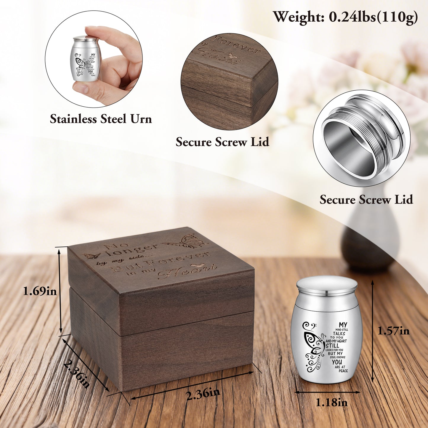 Wooden Gift Box for Ashes, Small Urns for Human Ashes Keepsake, 1.57 Inches Stainless Steel Mini Urns for Ash, Cremation Urns for Women Men