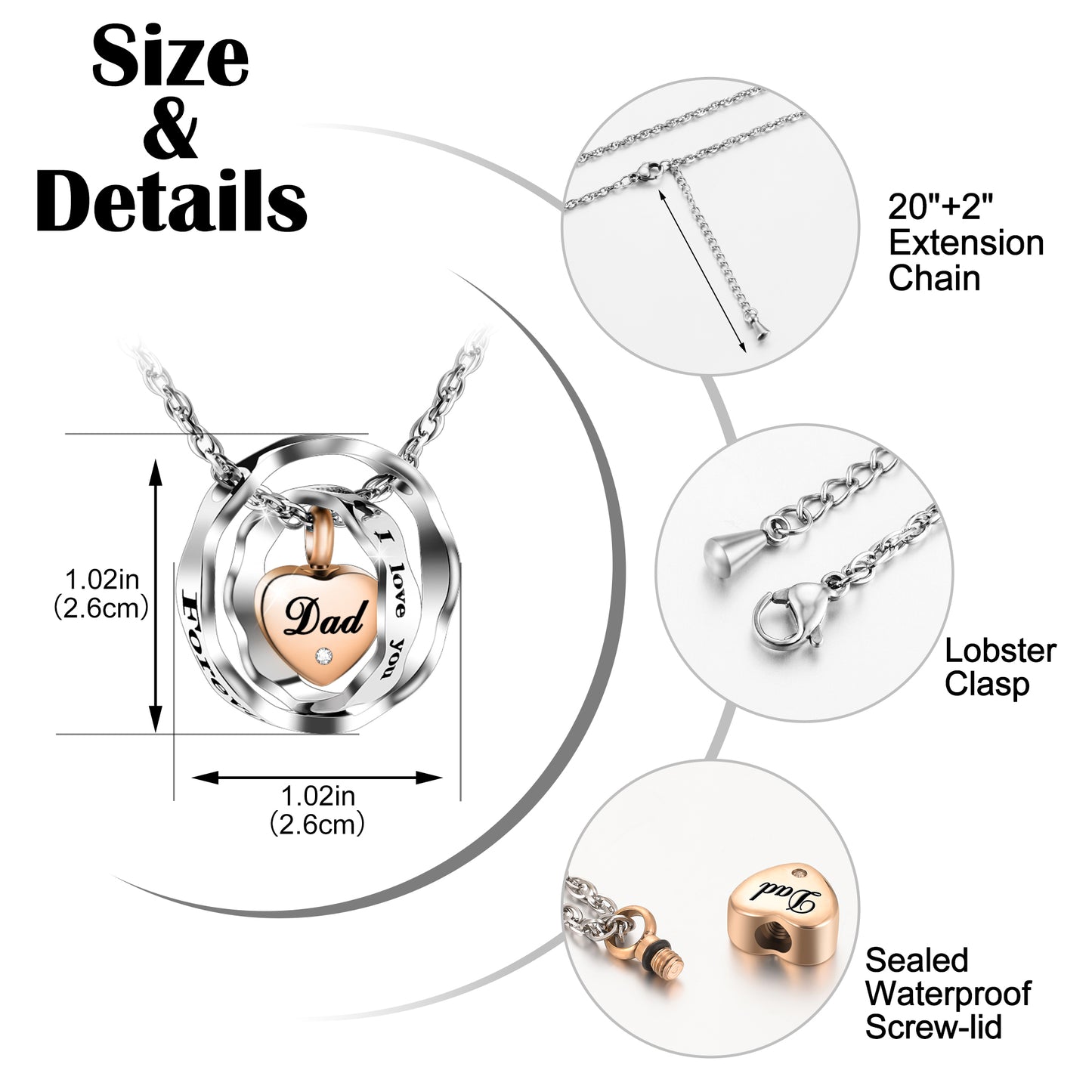 Urn Necklace for Ashes Stainless Steel Cremation Necklace Memorial Keepsake