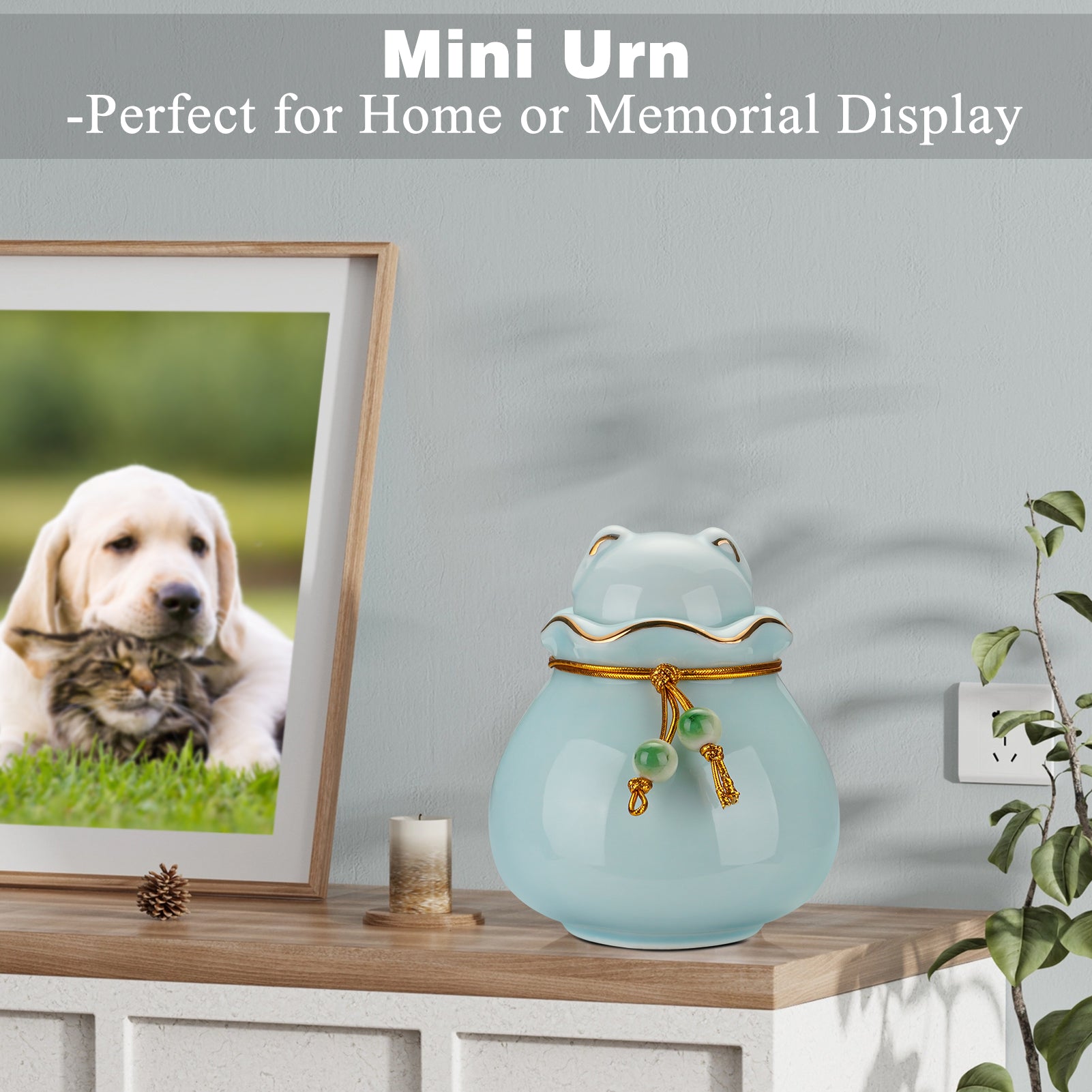 Pet Memorial Urn for Cat or Dog Ashes - 3.54"x3.15" Elegant Ceramic Keepsake Holder with Cat-Shaped Lid & Gold Trim, Small Urn for Pet Ashes