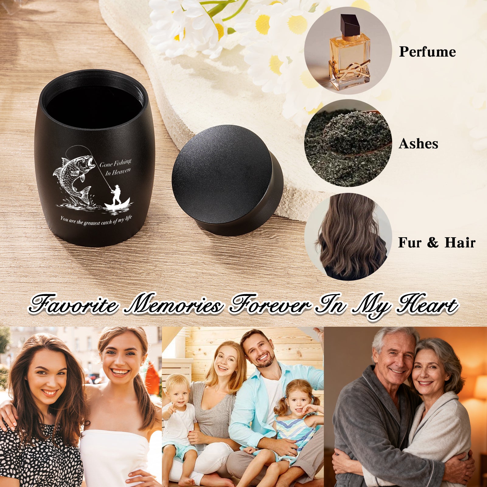 Small Urns for Human Ashes - 2.76 Inches Black Aluminium Urn for Ashes Keepsake, Cremation Urns Memorial Holder, Funeral Decorative Urn for Women Men - Gone Fishing Mini Urn