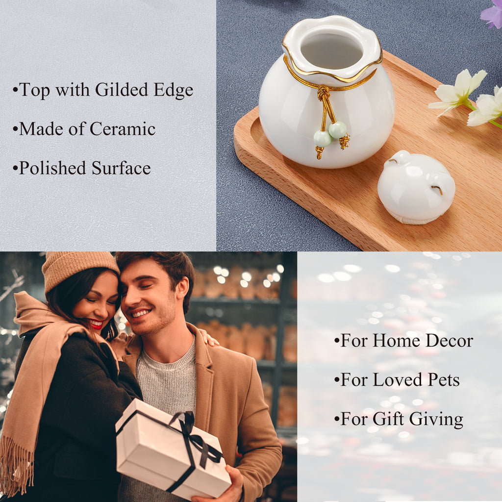 Pet Memorial Urn for Cat or Dog Ashes - 3.54"x3.15" Elegant Ceramic Keepsake Holder with Cat-Shaped Lid & Gold Trim, Small Urn for Pet Ashes