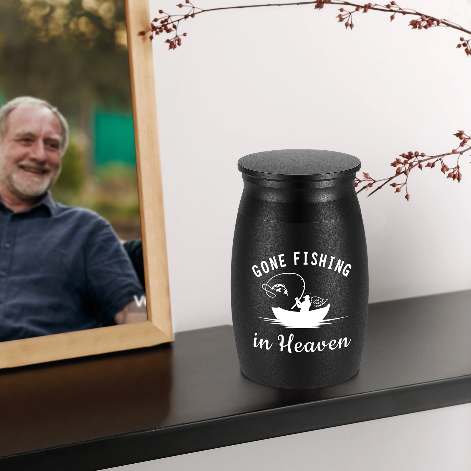 Small Urns for Human Ashes - 2.76 Inches Black Aluminium Urn for Ashes Keepsake, Cremation Urns Memorial Holder, Funeral Decorative Urn for Women Men - Gone Fishing Mini Urn