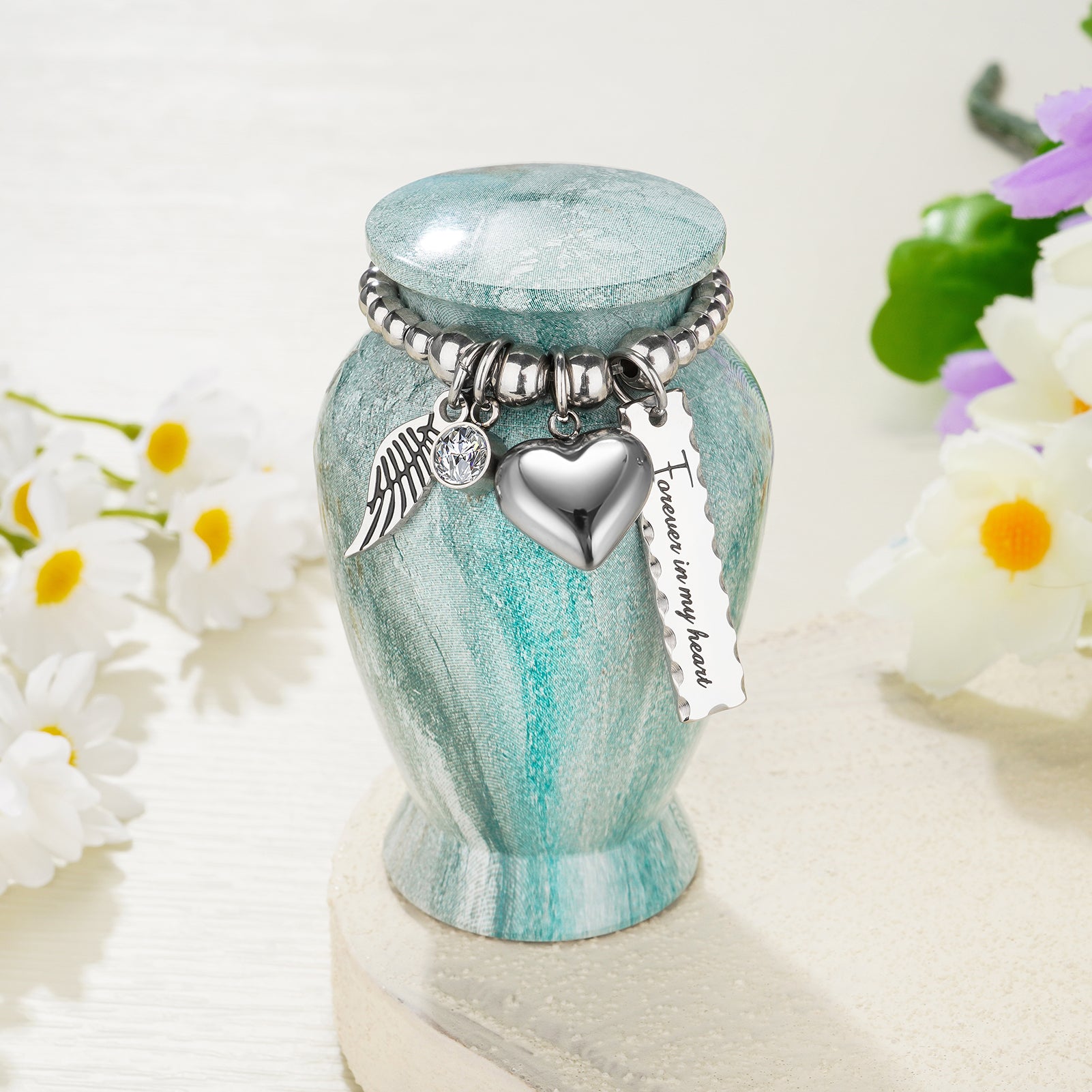 Small Urns for Human Ashes Keepsake, 2.83 Inches Urn for Women Men, Aluminum Cremation Urns for Human Ashes-Lake Green with Heart Urn