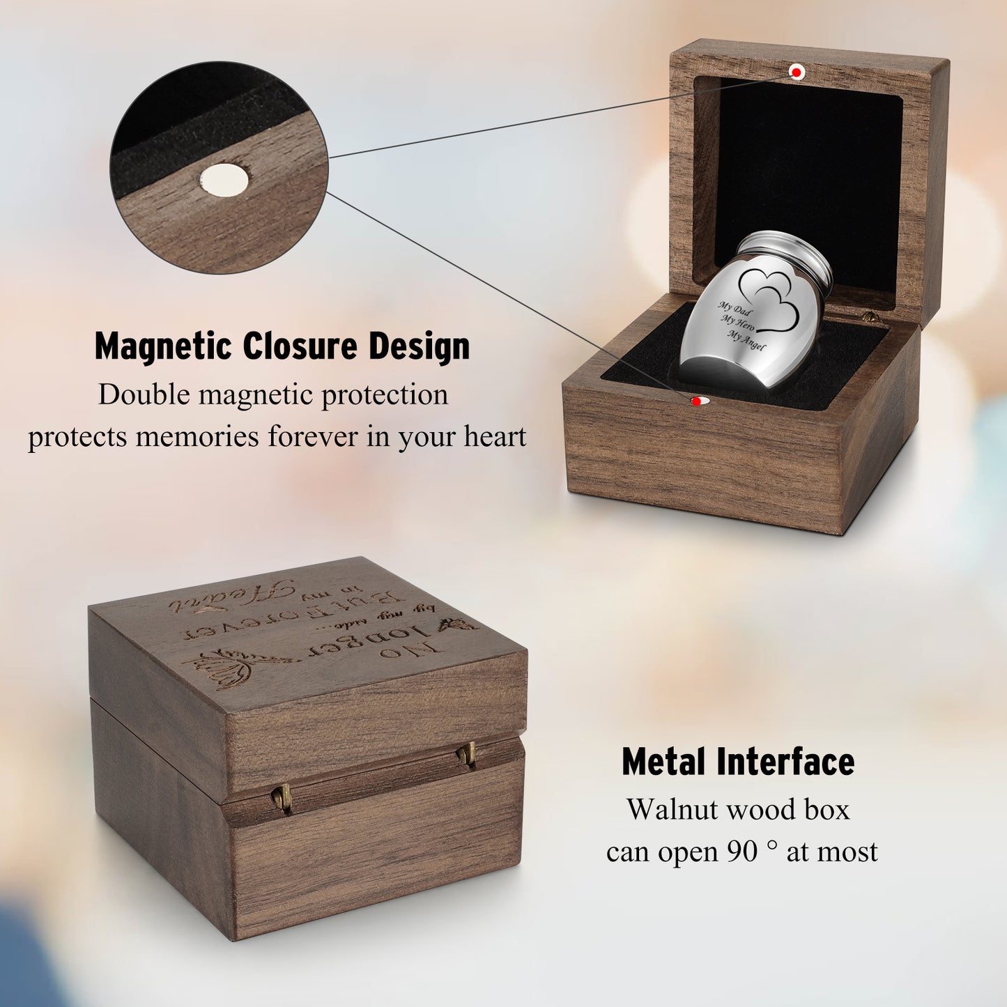 Wooden Gift Box for Ashes, Small Urns for Human Ashes Keepsake, 1.57 Inches Stainless Steel Mini Urns for Ash, Cremation Urns for Women Men