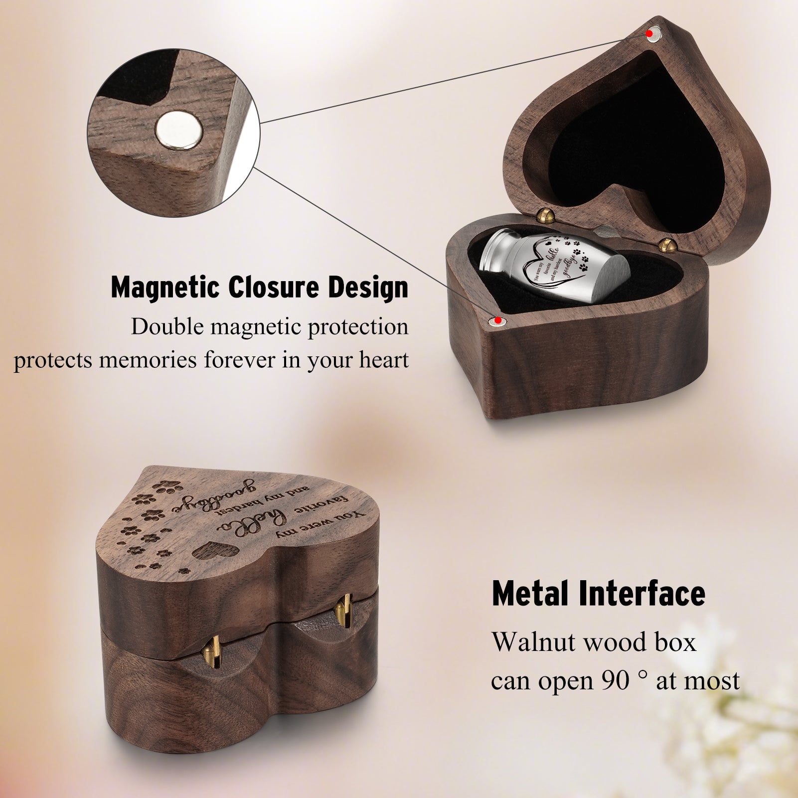 SOITIS Small Pet for Dog Cats Urns for Ashes Wooden Heart Box, 1.18 Inches Stainless Steel Pet Urns for Cat Ash Customized Memorial Urn