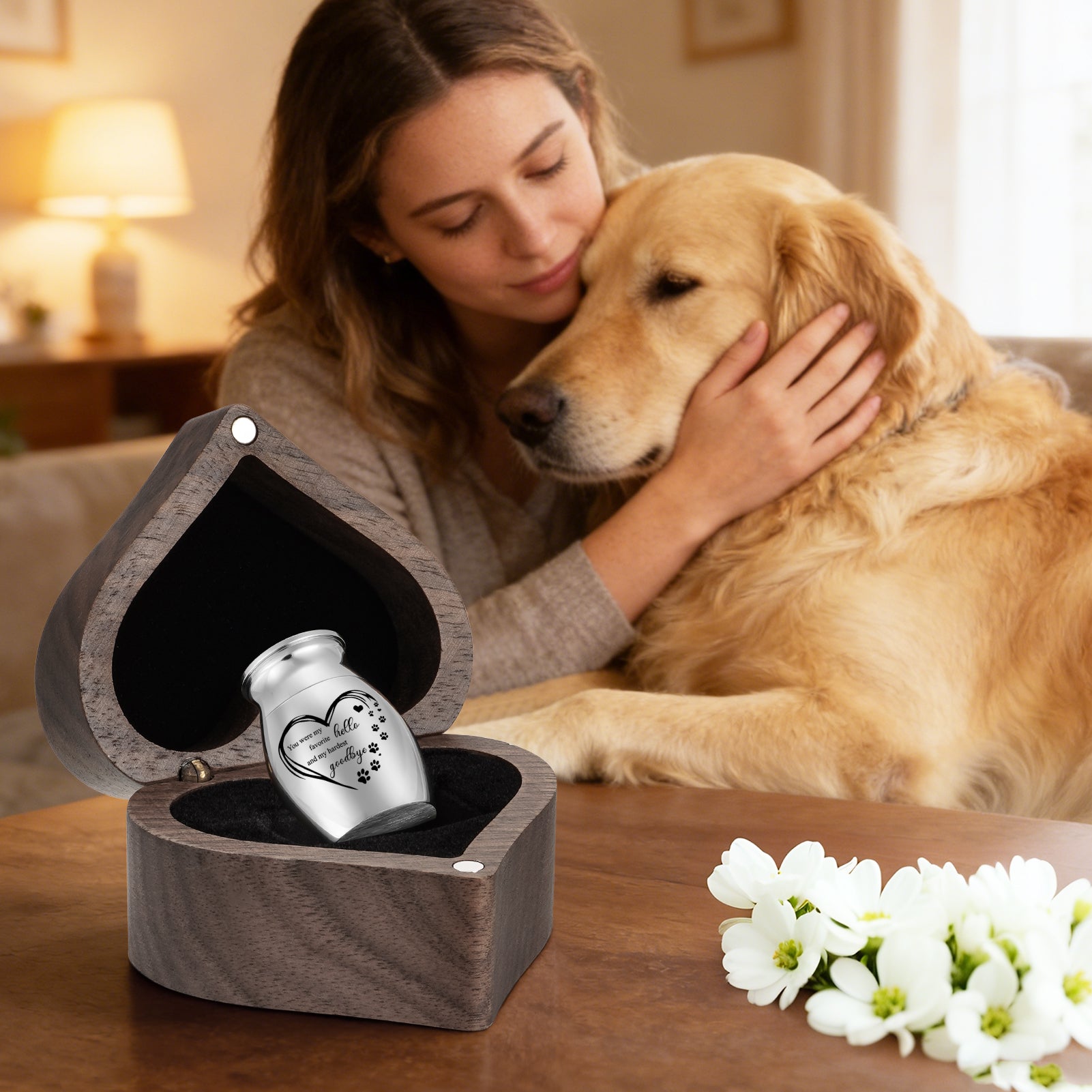 SOITIS Small Pet for Dog Cats Urns for Ashes Wooden Heart Box, 1.18 Inches Stainless Steel Pet Urns for Cat Ash Customized Memorial Urn