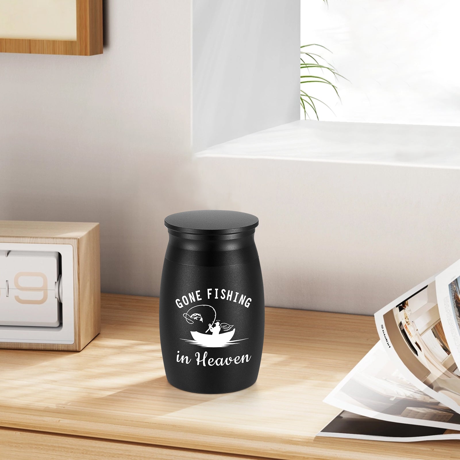 Small Urns for Human Ashes - 2.76 Inches Black Aluminium Urn for Ashes Keepsake, Cremation Urns Memorial Holder, Funeral Decorative Urn for Women Men - Gone Fishing Mini Urn