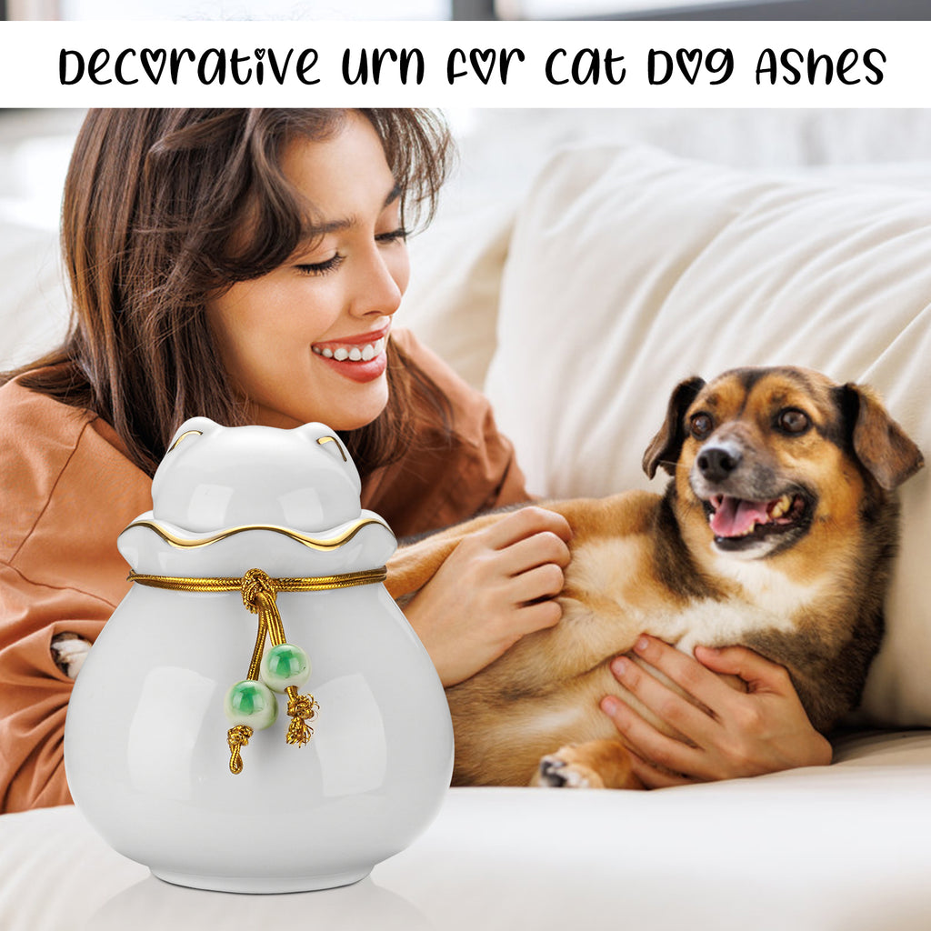 Pet Memorial Urn for Cat or Dog Ashes - 3.54"x3.15" Elegant Ceramic Keepsake Holder with Cat-Shaped Lid & Gold Trim, Small Urn for Pet Ashes