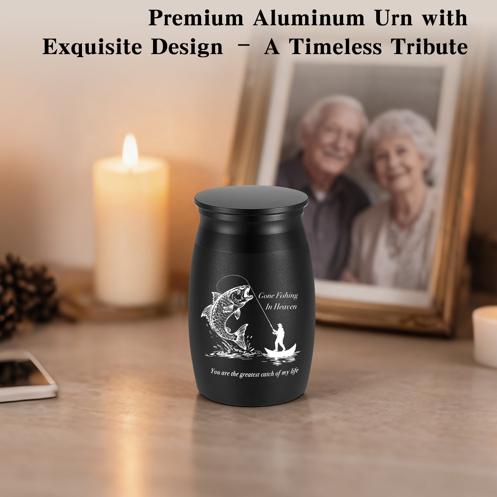 Small Urns for Human Ashes - 2.76 Inches Black Aluminium Urn for Ashes Keepsake, Cremation Urns Memorial Holder, Funeral Decorative Urn for Women Men - Gone Fishing Mini Urn