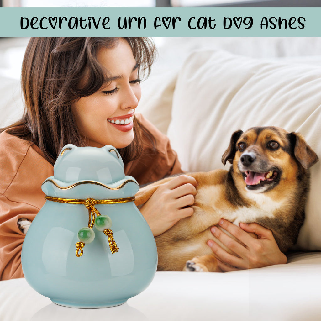 Pet Memorial Urn for Cat or Dog Ashes - 3.54"x3.15" Elegant Ceramic Keepsake Holder with Cat-Shaped Lid & Gold Trim, Small Urn for Pet Ashes