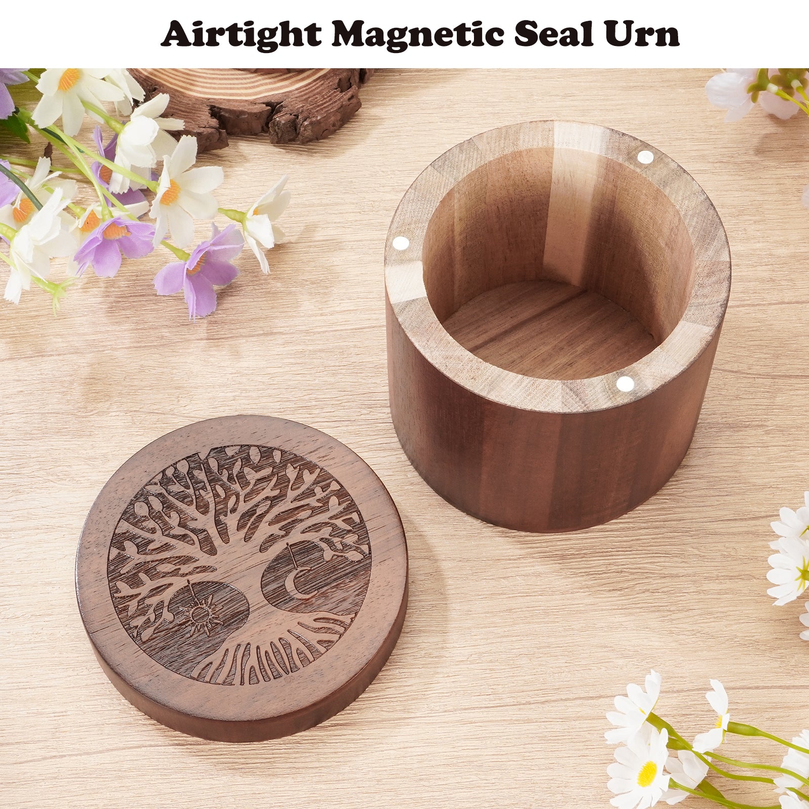Small Urns for Human Ashes Keepsake, 3.94 Inches Acacia Wood Urn for Women, Brown Mini Urn for Human Ashes, Tree of Life Wooden Box Urns for Female Male