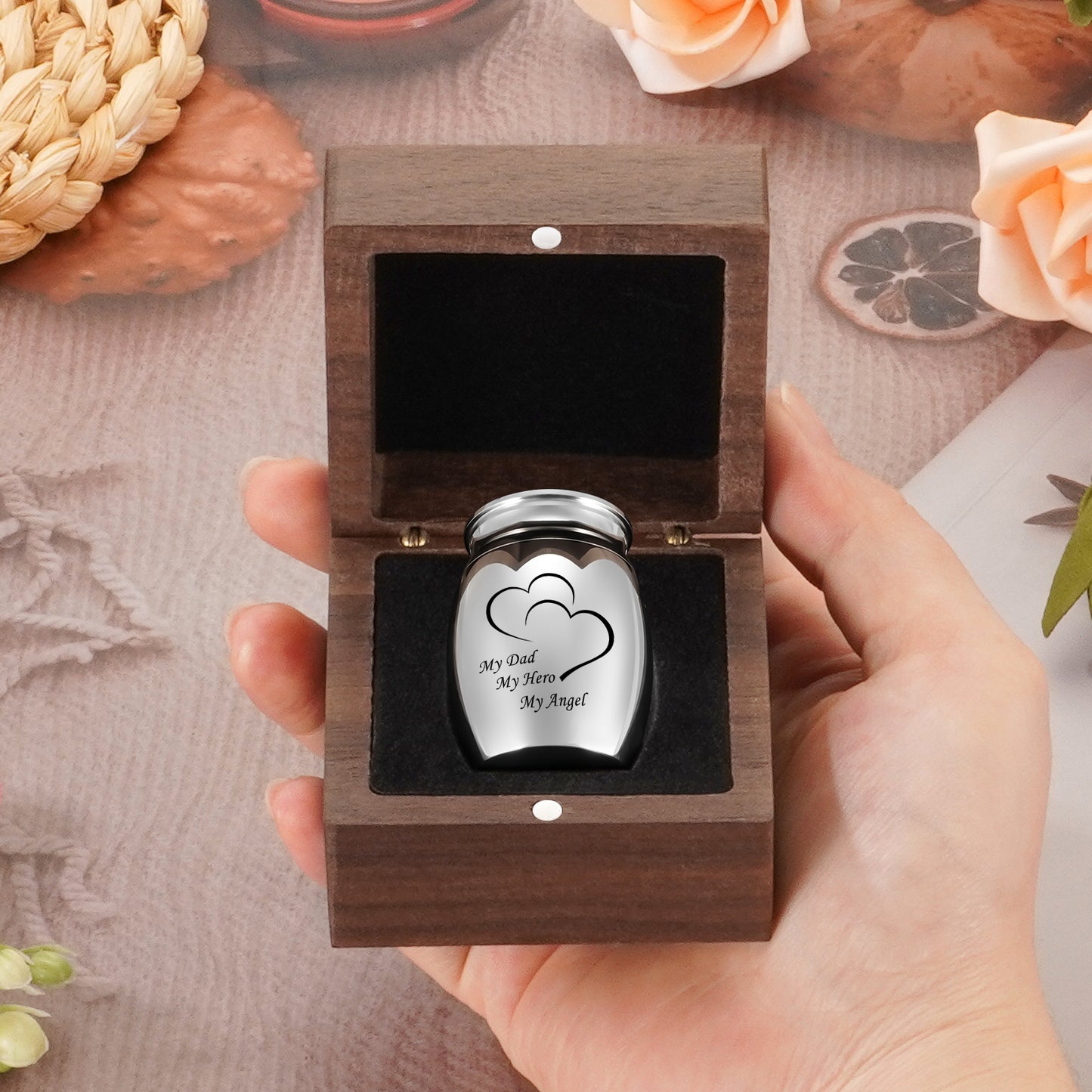 Wooden Gift Box for Ashes, Small Urns for Human Ashes Keepsake, 1.57 Inches Stainless Steel Mini Urns for Ash, Cremation Urns for Women Men