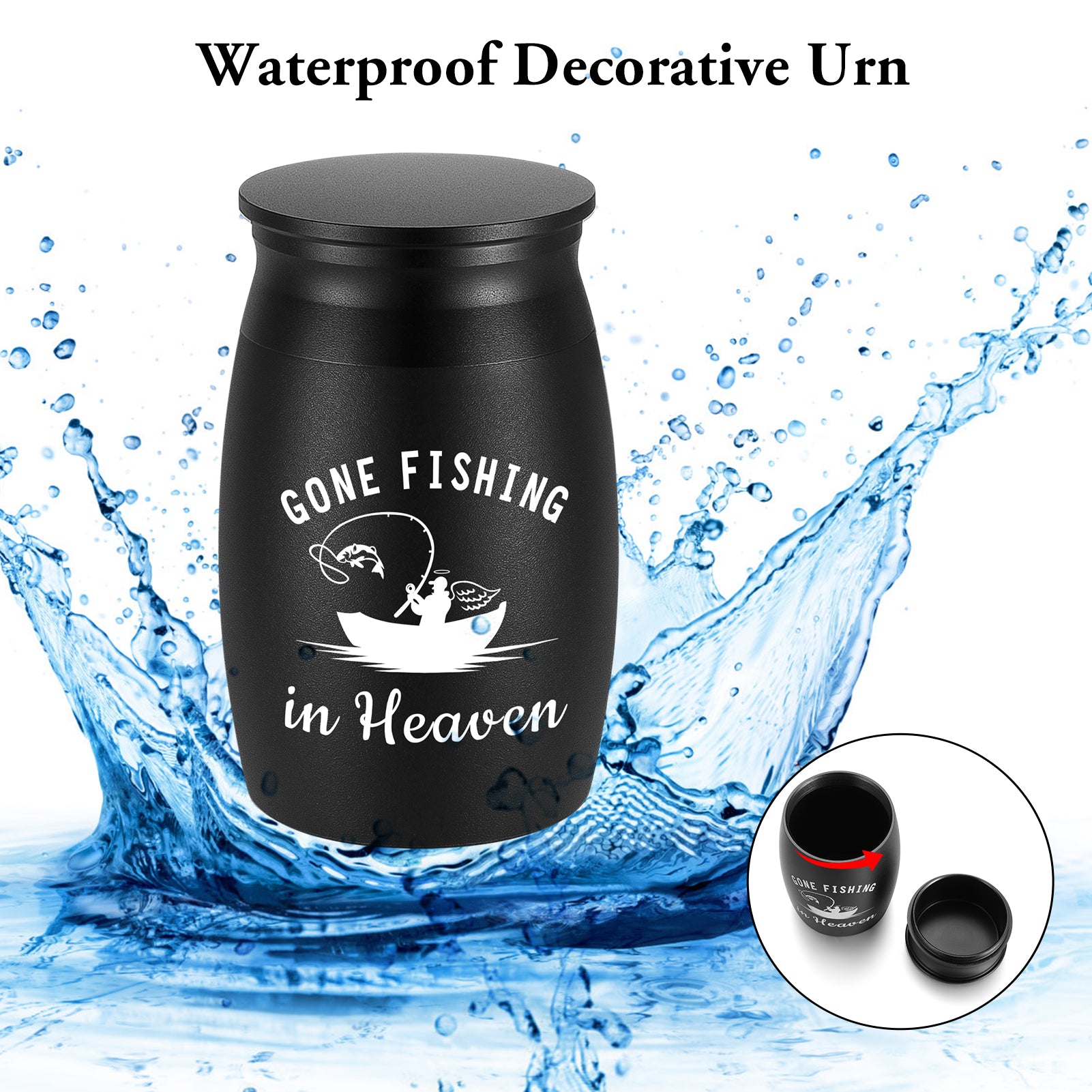 Small Urns for Human Ashes - 2.76 Inches Black Aluminium Urn for Ashes Keepsake, Cremation Urns Memorial Holder, Funeral Decorative Urn for Women Men - Gone Fishing Mini Urn