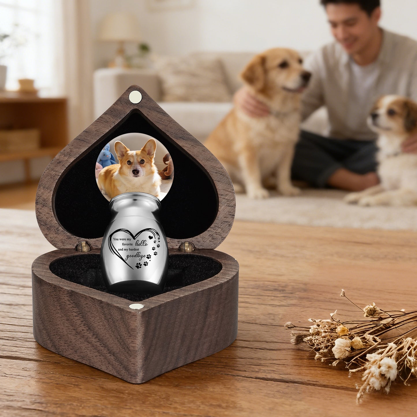 Small Pet for Dog Cats Urns for Ashes Wooden Heart Box, 1.18 Inches Stainless Steel Pet Urns for Cat Ash