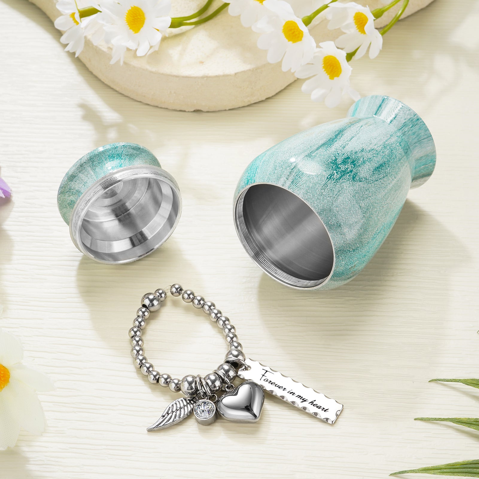 Small Urns for Human Ashes Keepsake, 2.83 Inches Urn for Women Men, Aluminum Cremation Urns for Human Ashes-Lake Green with Heart Urn