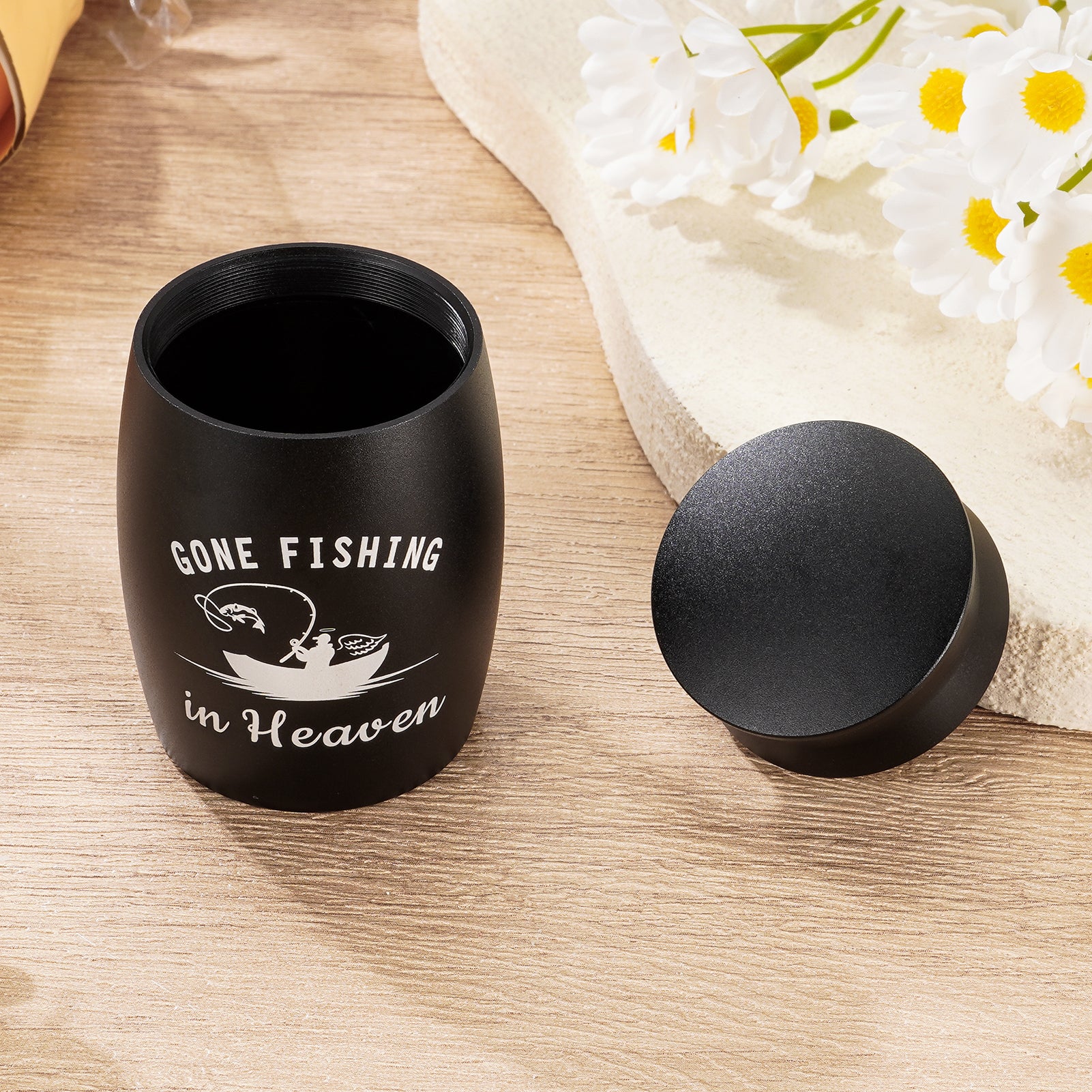 Small Urns for Human Ashes - 2.76 Inches Black Aluminium Urn for Ashes Keepsake, Cremation Urns Memorial Holder, Funeral Decorative Urn for Women Men - Gone Fishing Mini Urn