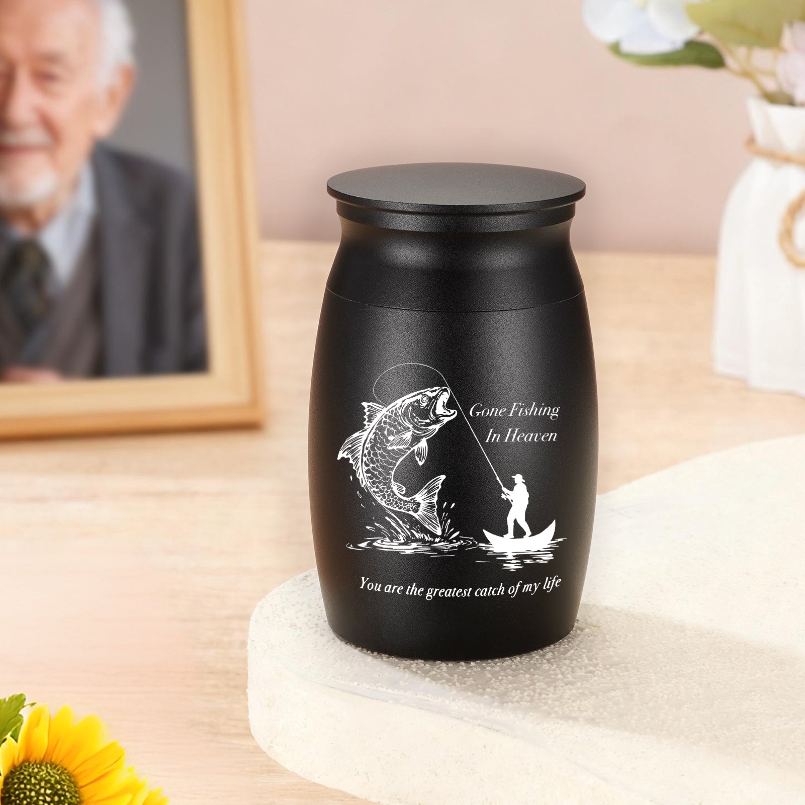 Small Urns for Human Ashes - 2.76 Inches Black Aluminium Urn for Ashes Keepsake, Cremation Urns Memorial Holder, Funeral Decorative Urn for Women Men - Gone Fishing Mini Urn