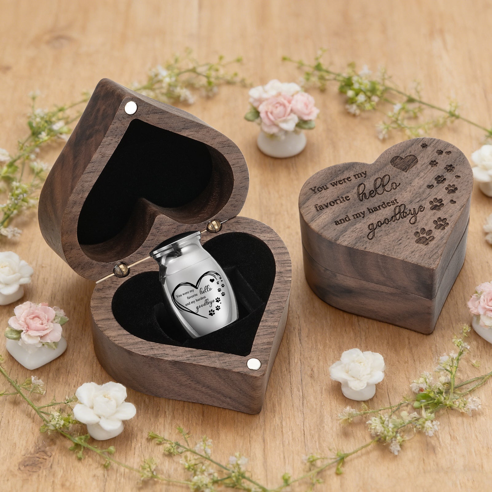 SOITIS Small Pet for Dog Cats Urns for Ashes Wooden Heart Box, 1.18 Inches Stainless Steel Pet Urns for Cat Ash Customized Memorial Urn