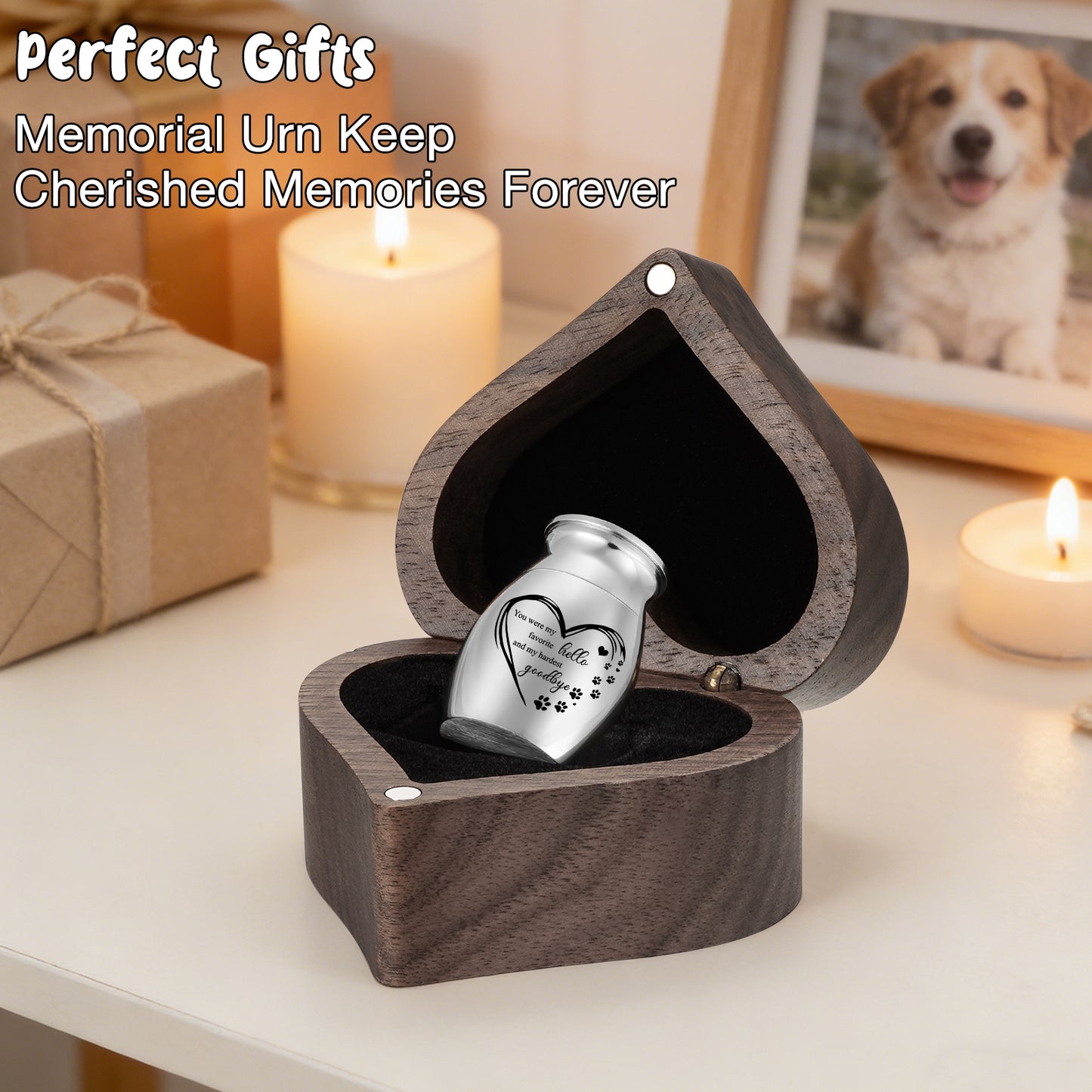 Small Pet for Dog Cats Urns for Ashes Wooden Heart Box, 1.18 Inches Stainless Steel Pet Urns for Cat Ash