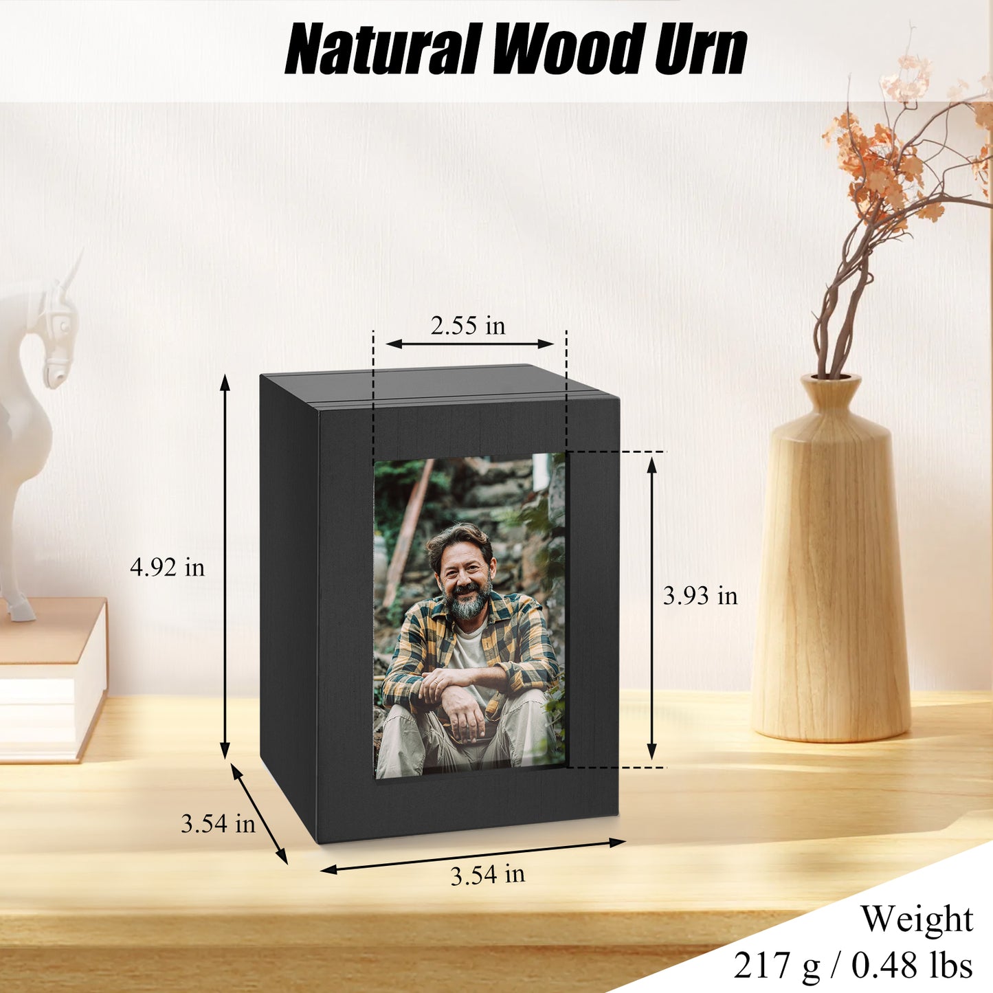 Small Wood Urn for Human Ashes, Cremation Ashes Urns Black with Photo Frame - Wood Urns Box, Decorative Urn