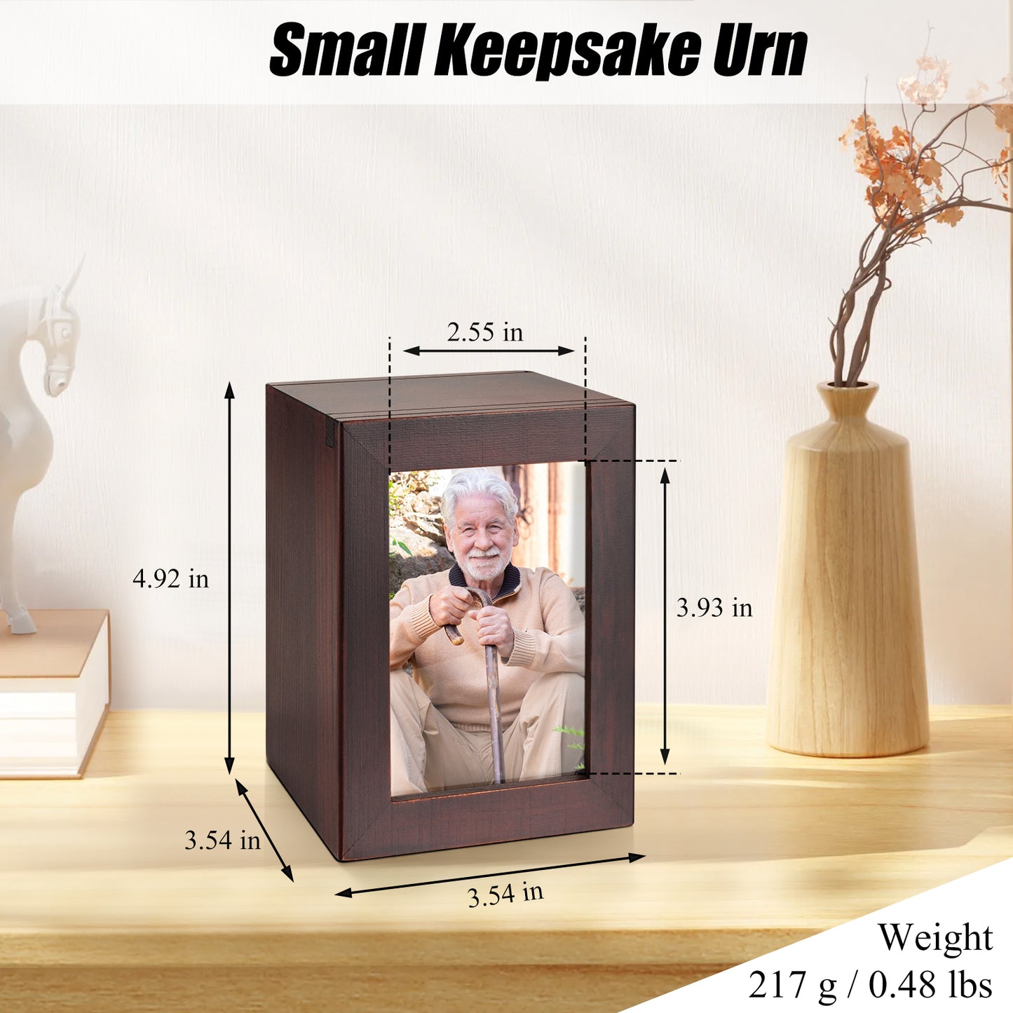Small Wood Urn for Human Ashes, Cremation Ashes Urns Black with Photo Frame - Wood Urns Box, Decorative Urn