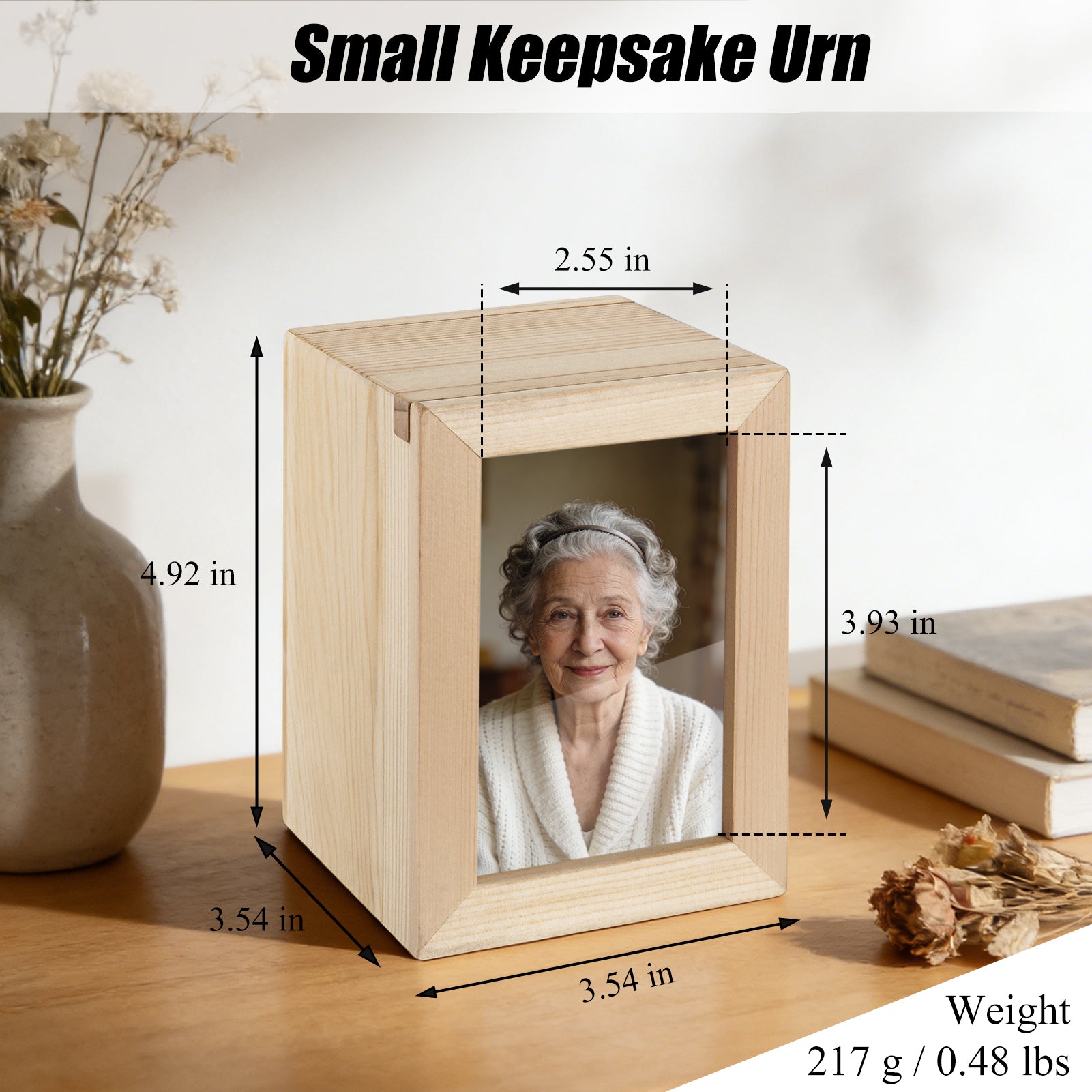 Small Wood Urn for Human Ashes, Cremation Ashes Urns Black with Photo Frame - Mini Memorial Wood Urns Box, Decorative Keepsake Urn for Women Men