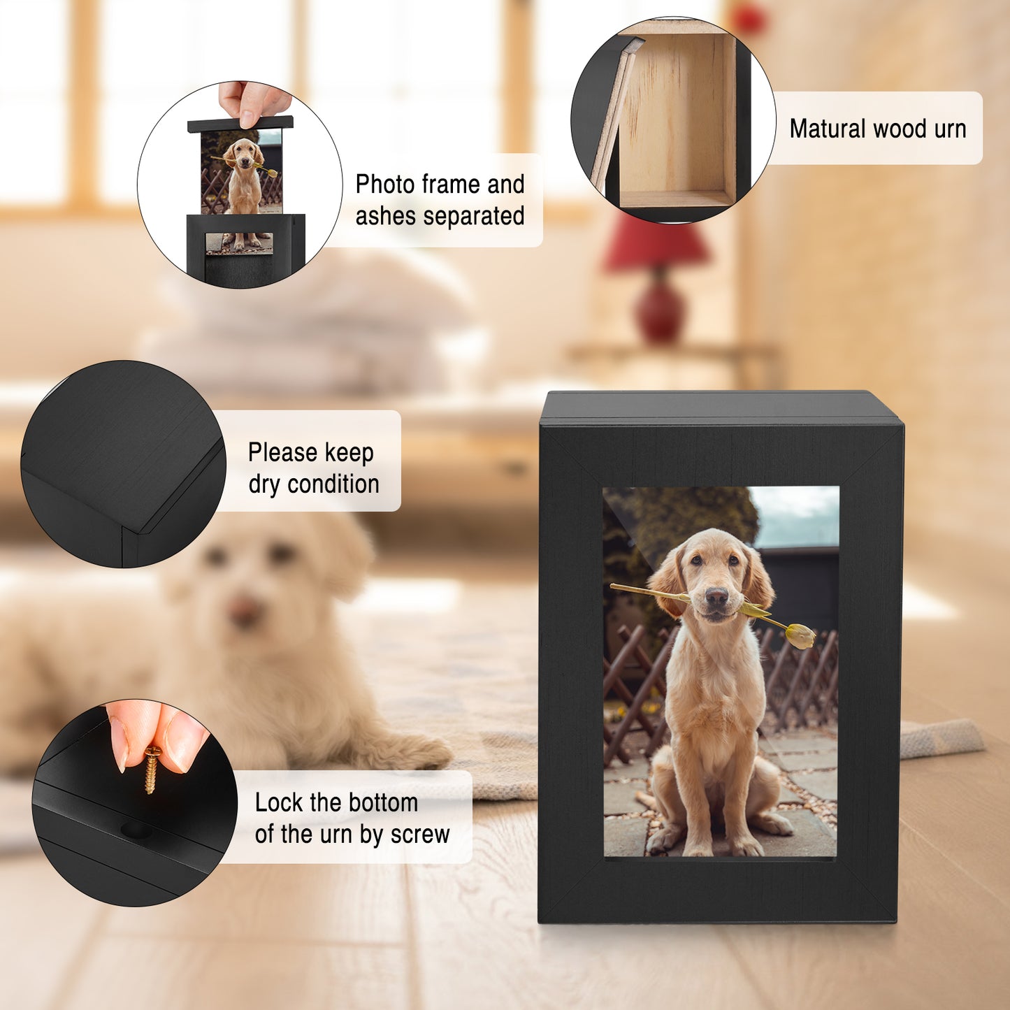 Small Wood Urn for Human Ashes, Cremation Ashes Urns Black with Photo Frame - Wood Urns Box, Decorative Urn
