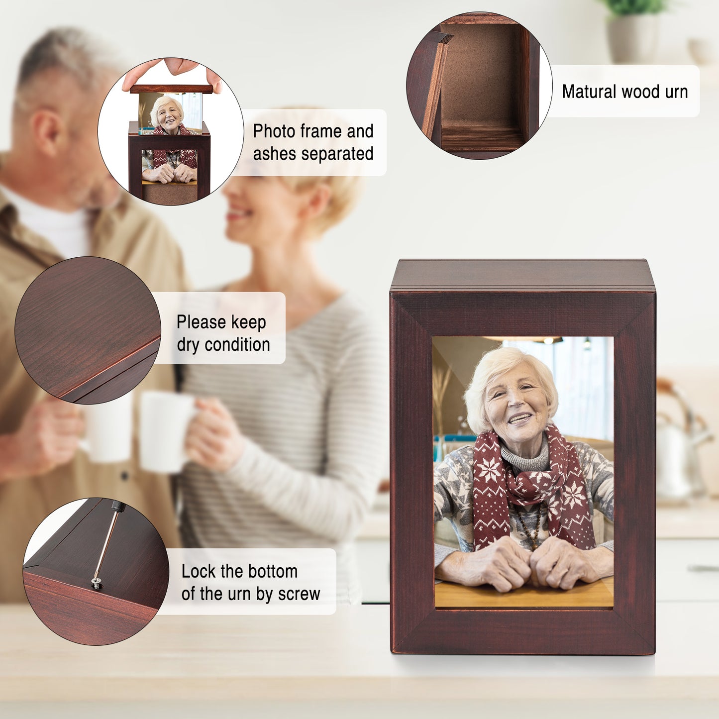 Small Wood Urn for Human Ashes, Cremation Ashes Urns Black with Photo Frame - Wood Urns Box, Decorative Urn