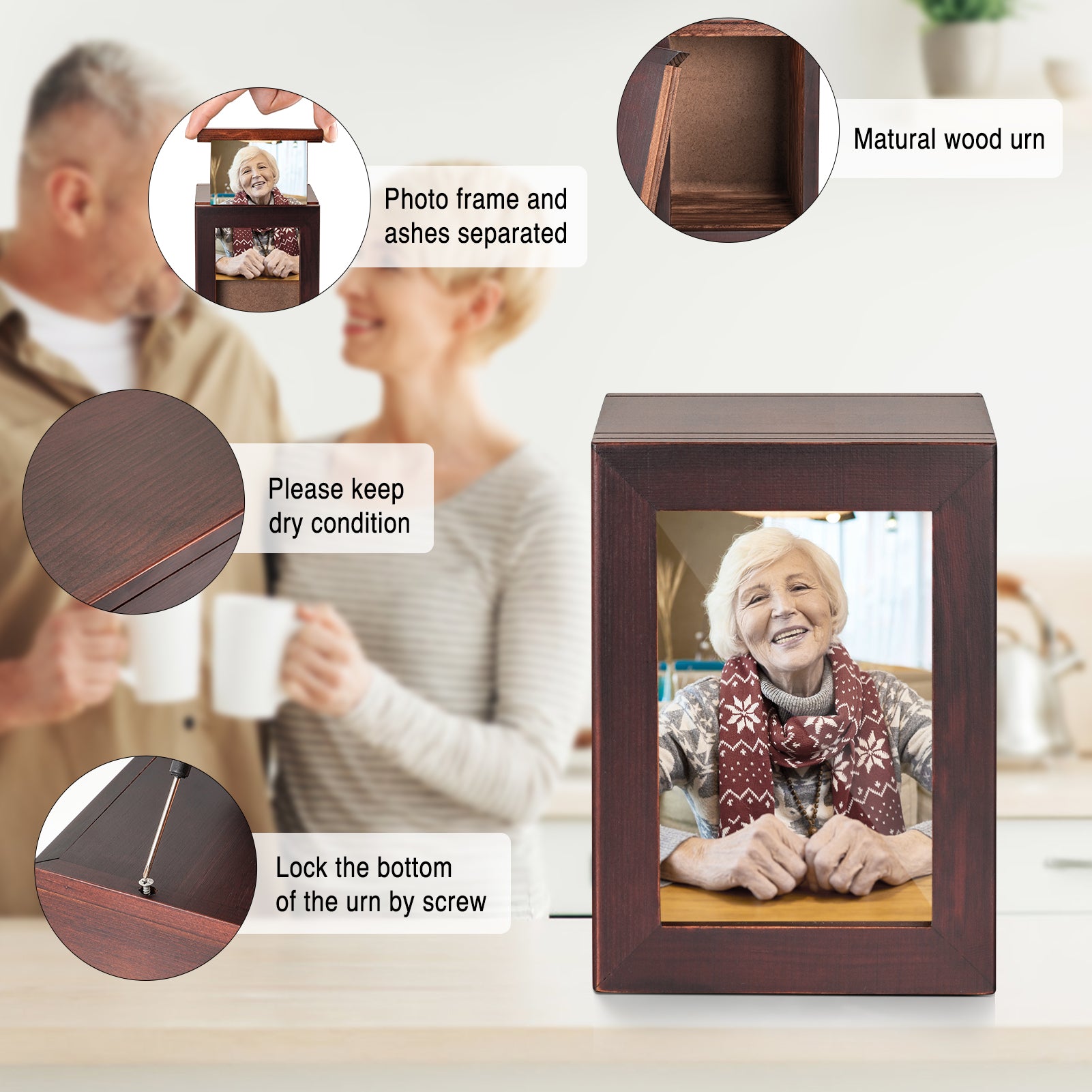 Small Wood Urn for Human Ashes, Cremation Ashes Urns Black with Photo Frame - Mini Memorial Wood Urns Box, Decorative Keepsake Urn for Women Men