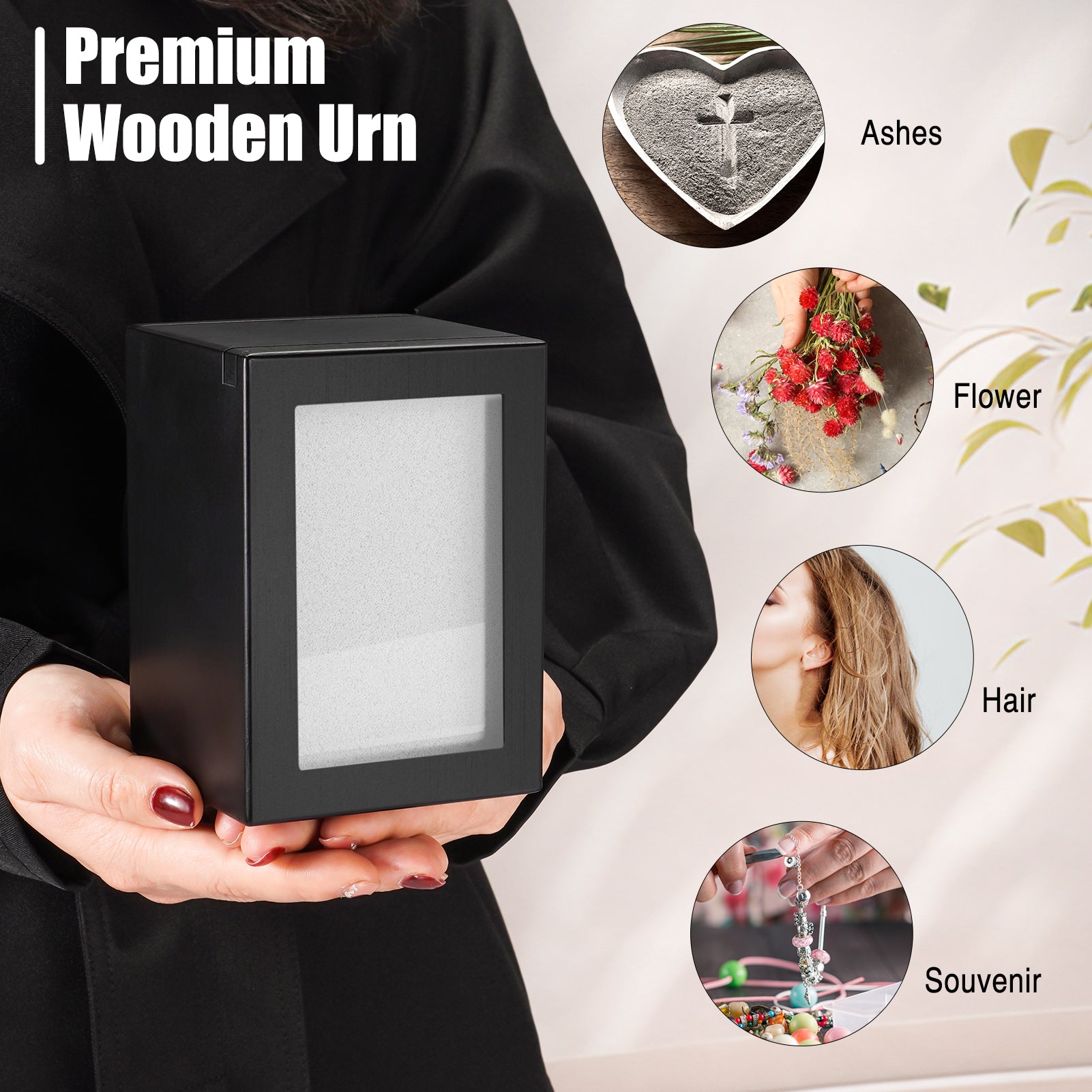 Small Wood Urn for Human Ashes, Cremation Ashes Urns Black with Photo Frame - Mini Memorial Wood Urns Box, Decorative Keepsake Urn for Women Men