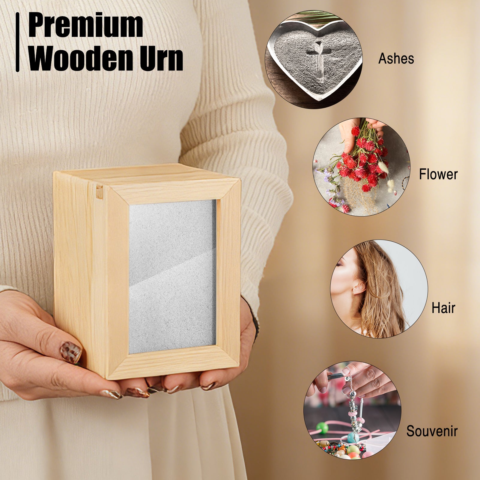 Small Wood Urn for Human Ashes, Cremation Ashes Urns Black with Photo Frame - Mini Memorial Wood Urns Box, Decorative Keepsake Urn for Women Men