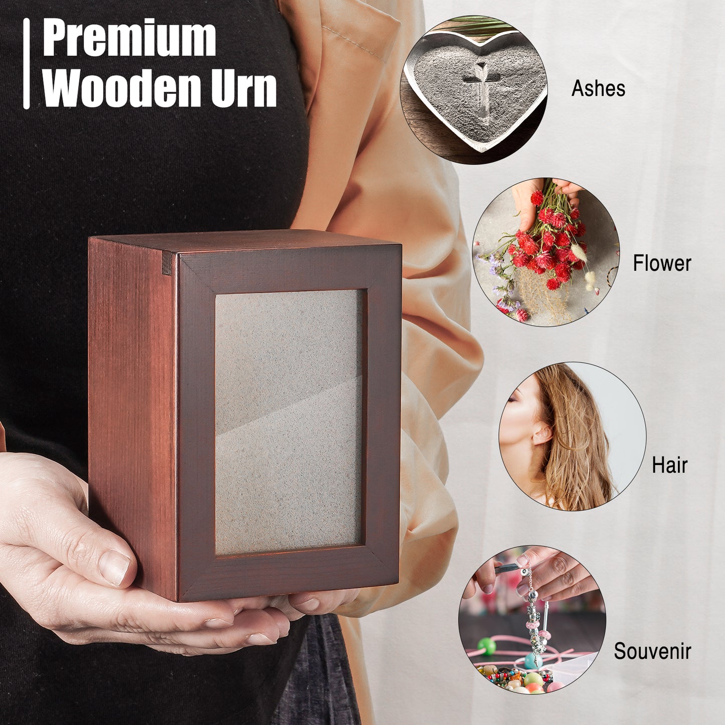 Small Wood Urn for Human Ashes, Cremation Ashes Urns Black with Photo Frame - Wood Urns Box, Decorative Urn