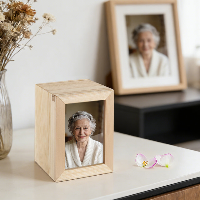 Small Wood Urn for Human Ashes, Cremation Ashes Urns Black with Photo Frame - Mini Memorial Wood Urns Box, Decorative Keepsake Urn for Women Men