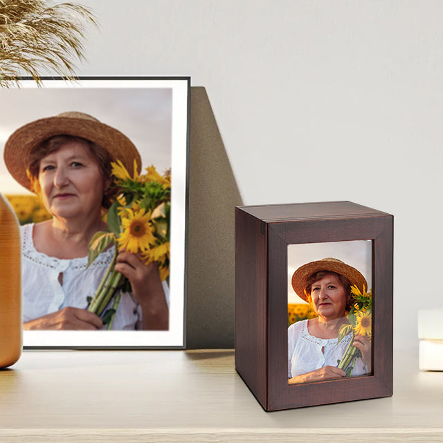 Small Wood Urn for Human Ashes, Cremation Ashes Urns Black with Photo Frame - Mini Memorial Wood Urns Box, Decorative Keepsake Urn for Women Men