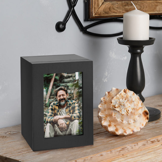 Small Wood Urn for Human Ashes, Cremation Ashes Urns Black with Photo Frame - Mini Memorial Wood Urns Box, Decorative Keepsake Urn for Women Men