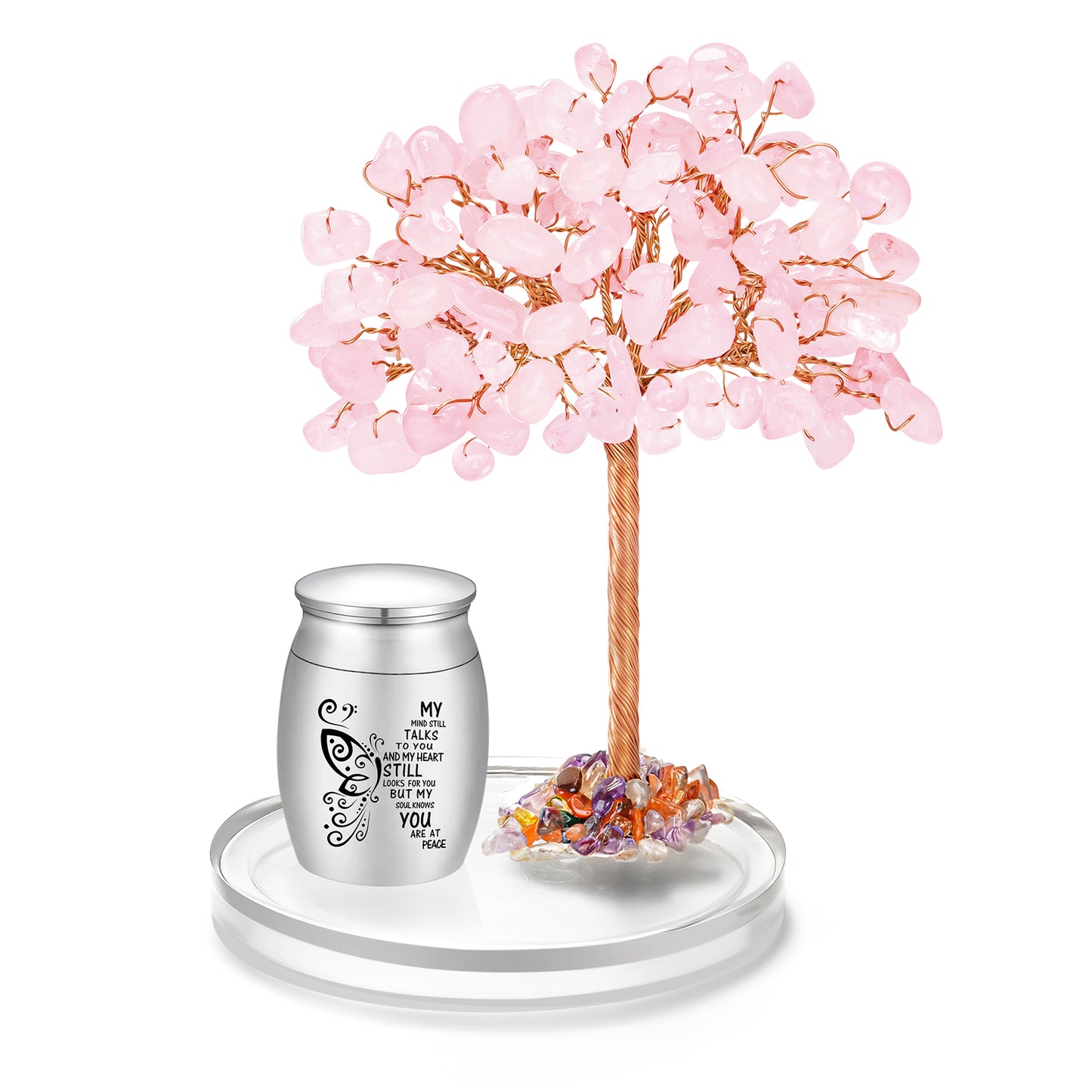 Small Urns for Human Ashes Keepsake, Stainless Steel Mini Urn for Human Ashes with Amethyst Crystal Tree Butterfly Keepsake