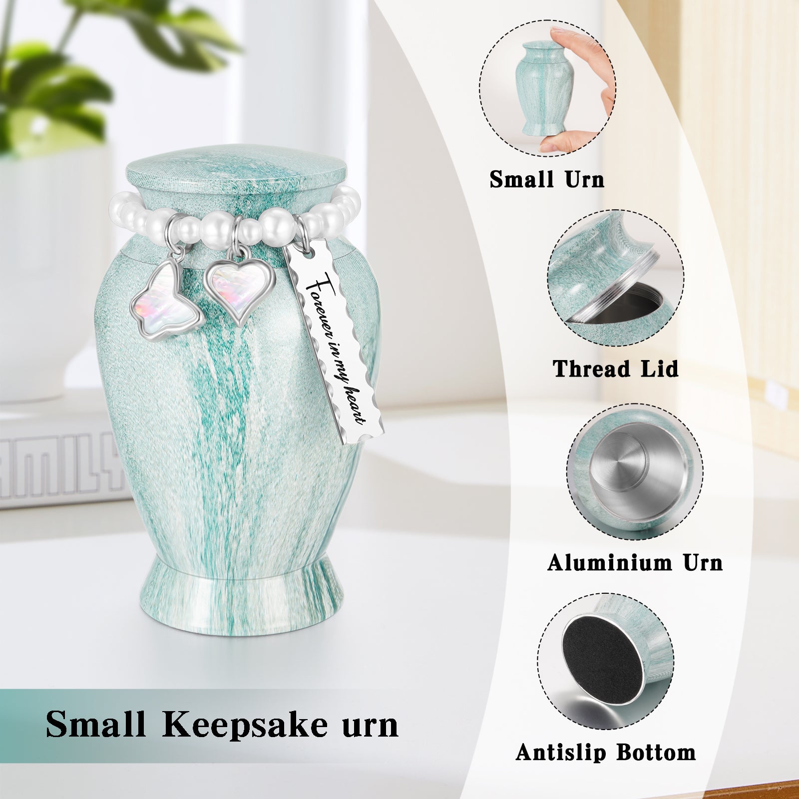 Small Urns for Human Ashes Keepsake, 2.83 Inches Urn for Women Men, Aluminum Cremation Urns for Human Ashes-Lake Green with Heart Urn