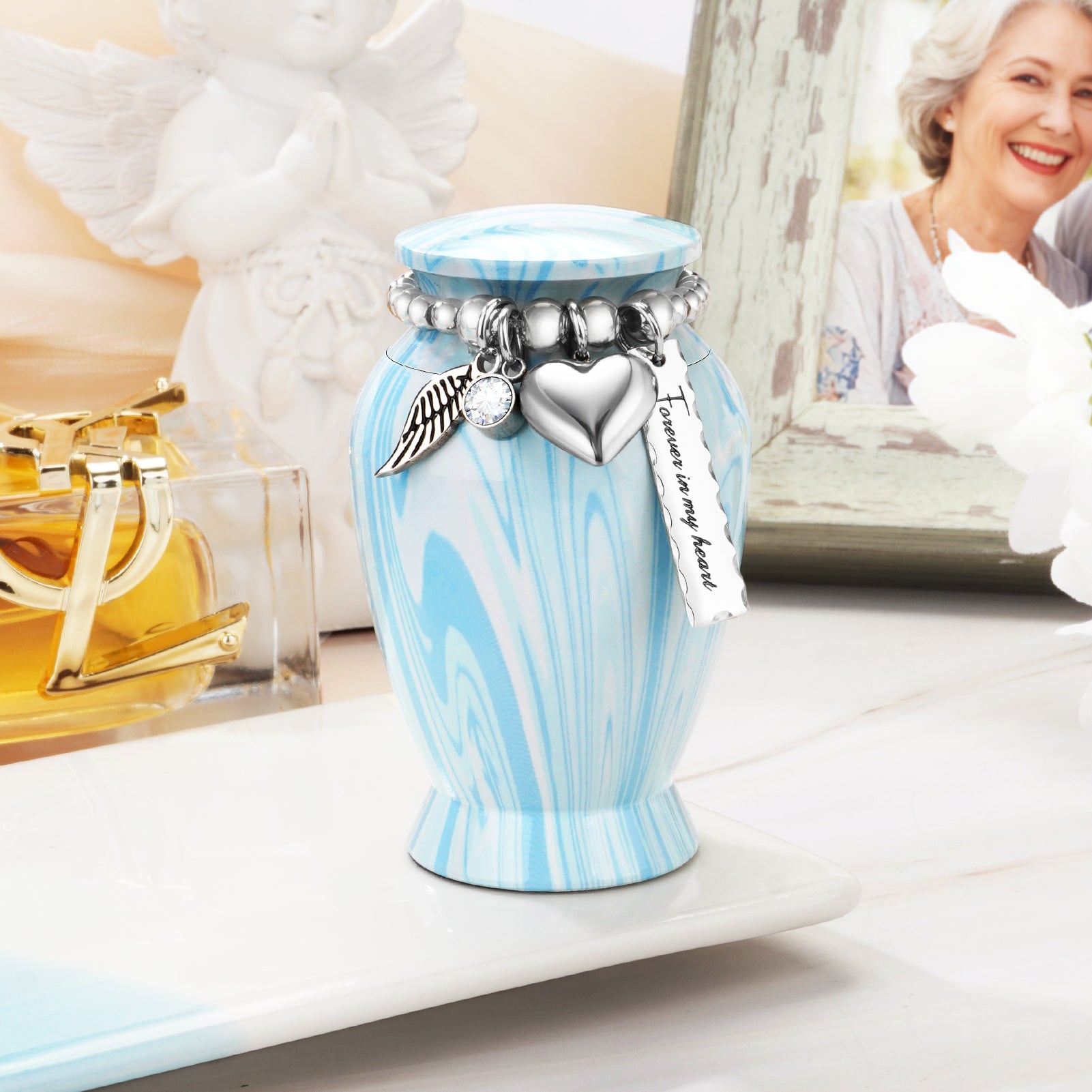 SOITIS Mini Urn for Human Ashes 2.8 Inches Aluminum Small Urns for Human Ashes Keepsake Cremation Urns Decorative Urn for Women Men - Serenity Blue Holder