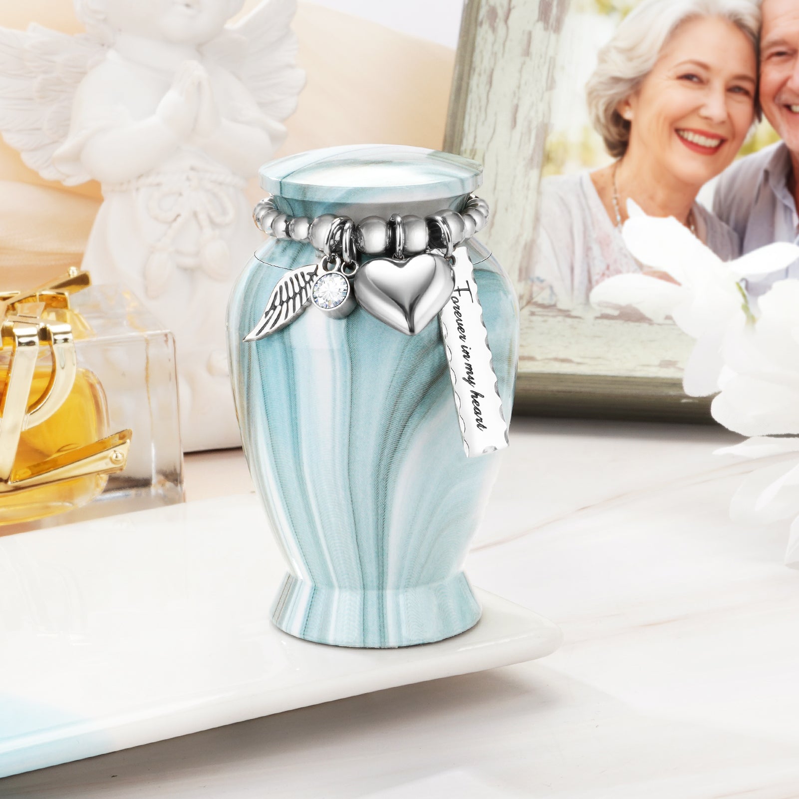 SOITIS Mini Urn for Human Ashes 2.8 Inches Aluminum Small Urns for Human Ashes Keepsake Cremation Urns Decorative Urn for Women Men - Serenity Blue Holder