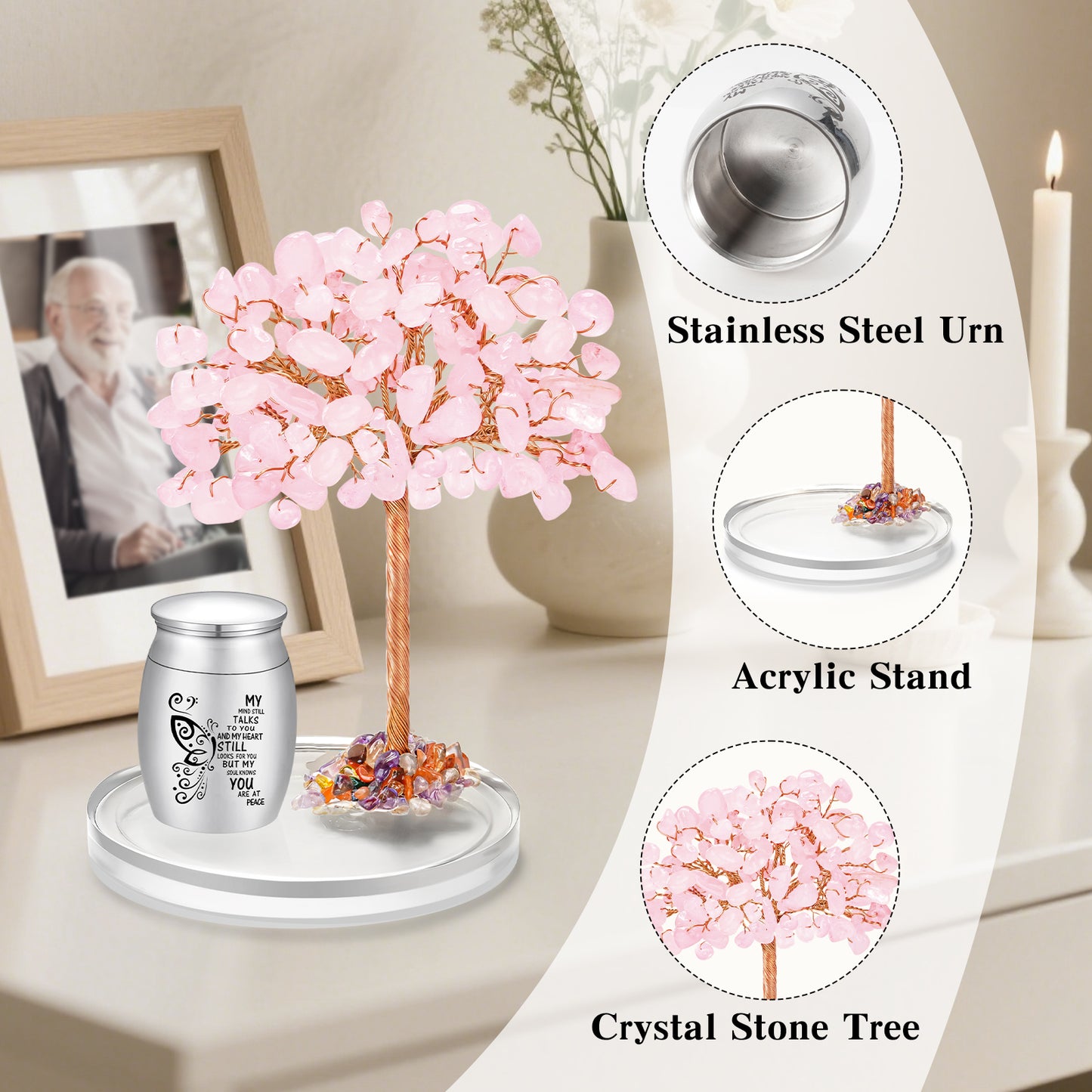Small Urns for Human Ashes Keepsake, Stainless Steel Mini Urn for Human Ashes with Amethyst Crystal Tree Butterfly Keepsake